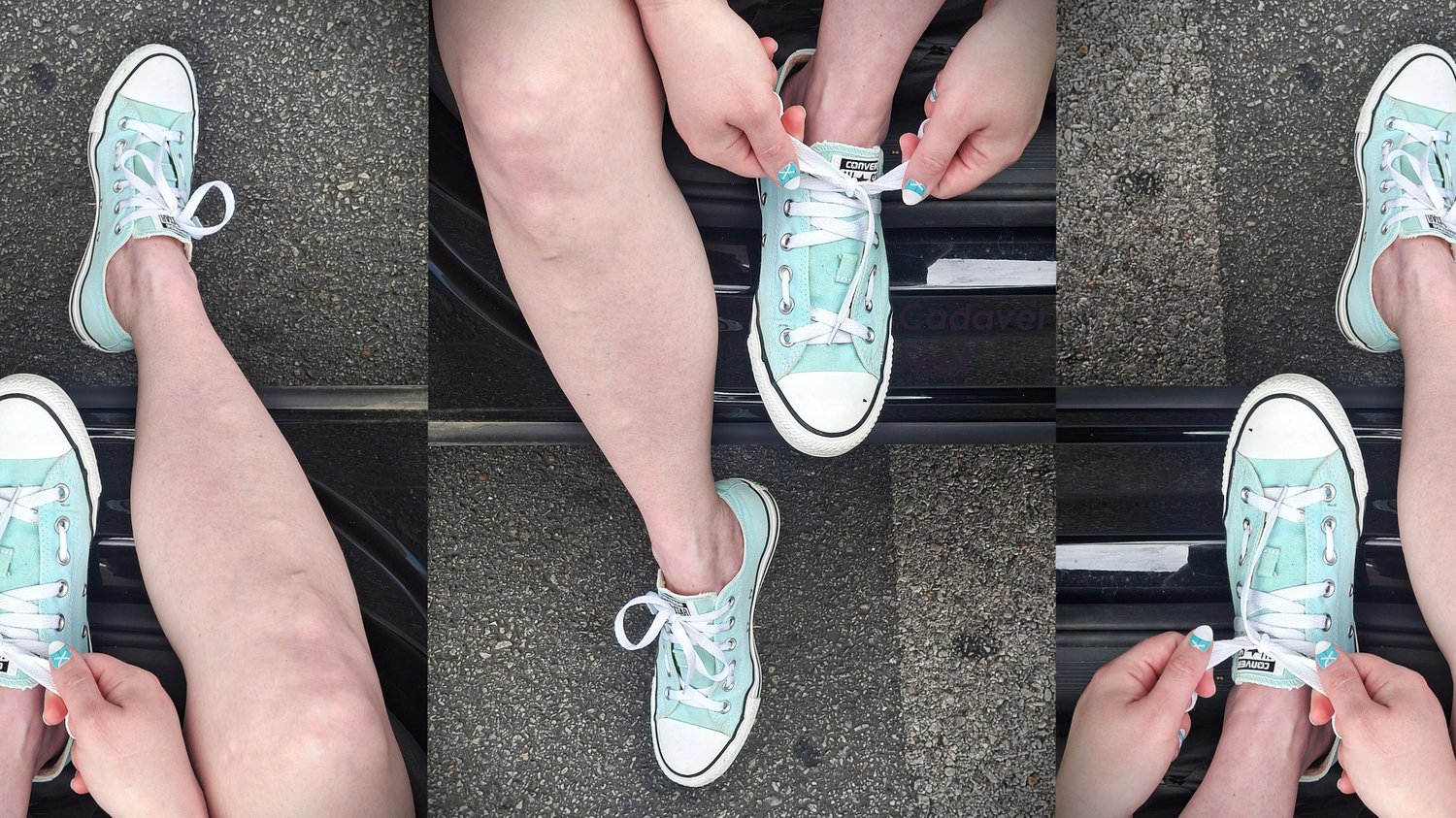 a wallpaper sample exclusive to membership tier cadaver cache featuring a woman tying teal converse low top all stars with white shoelaces with matching fingernail