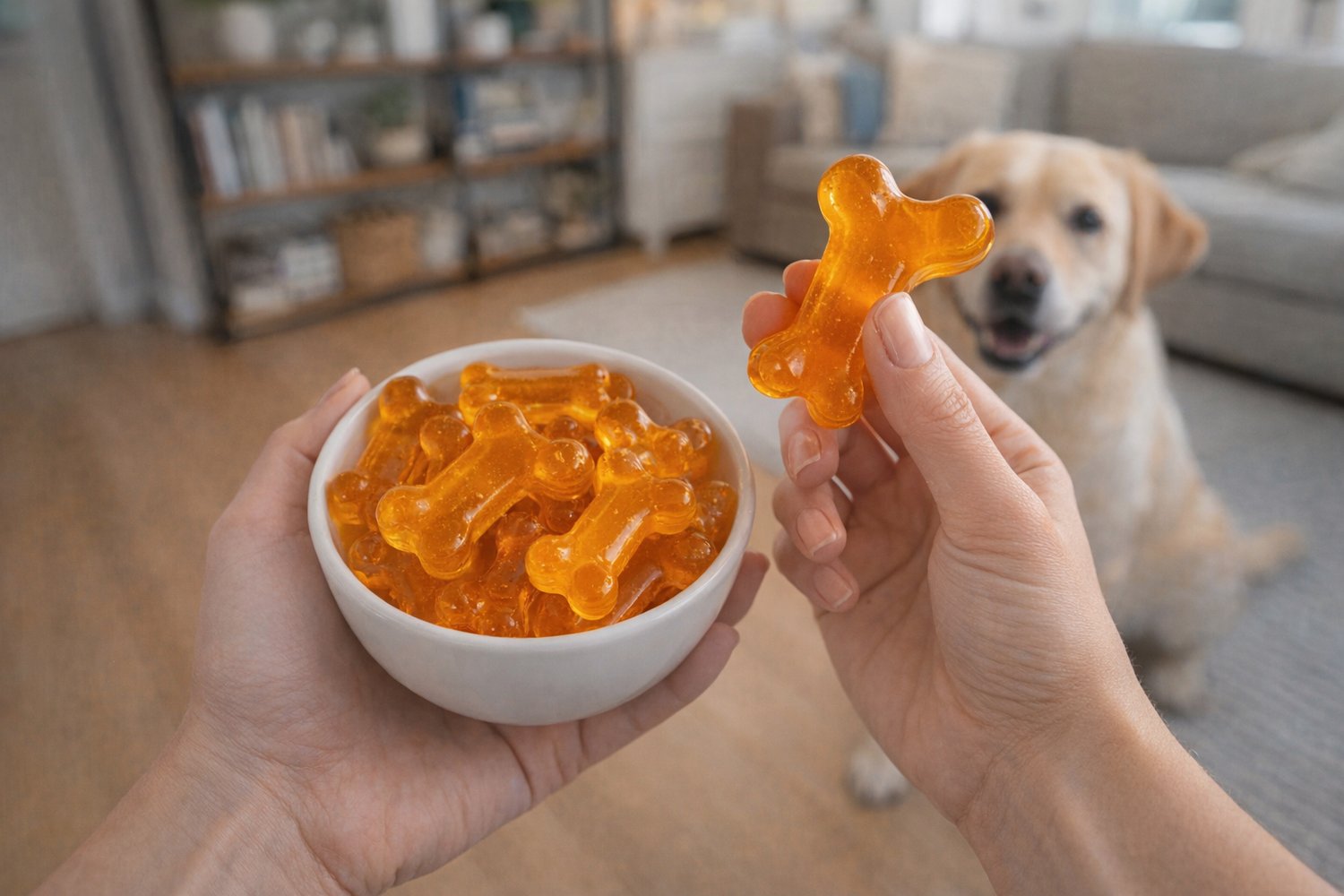 Max the yellow labrador loves dog bone gummies