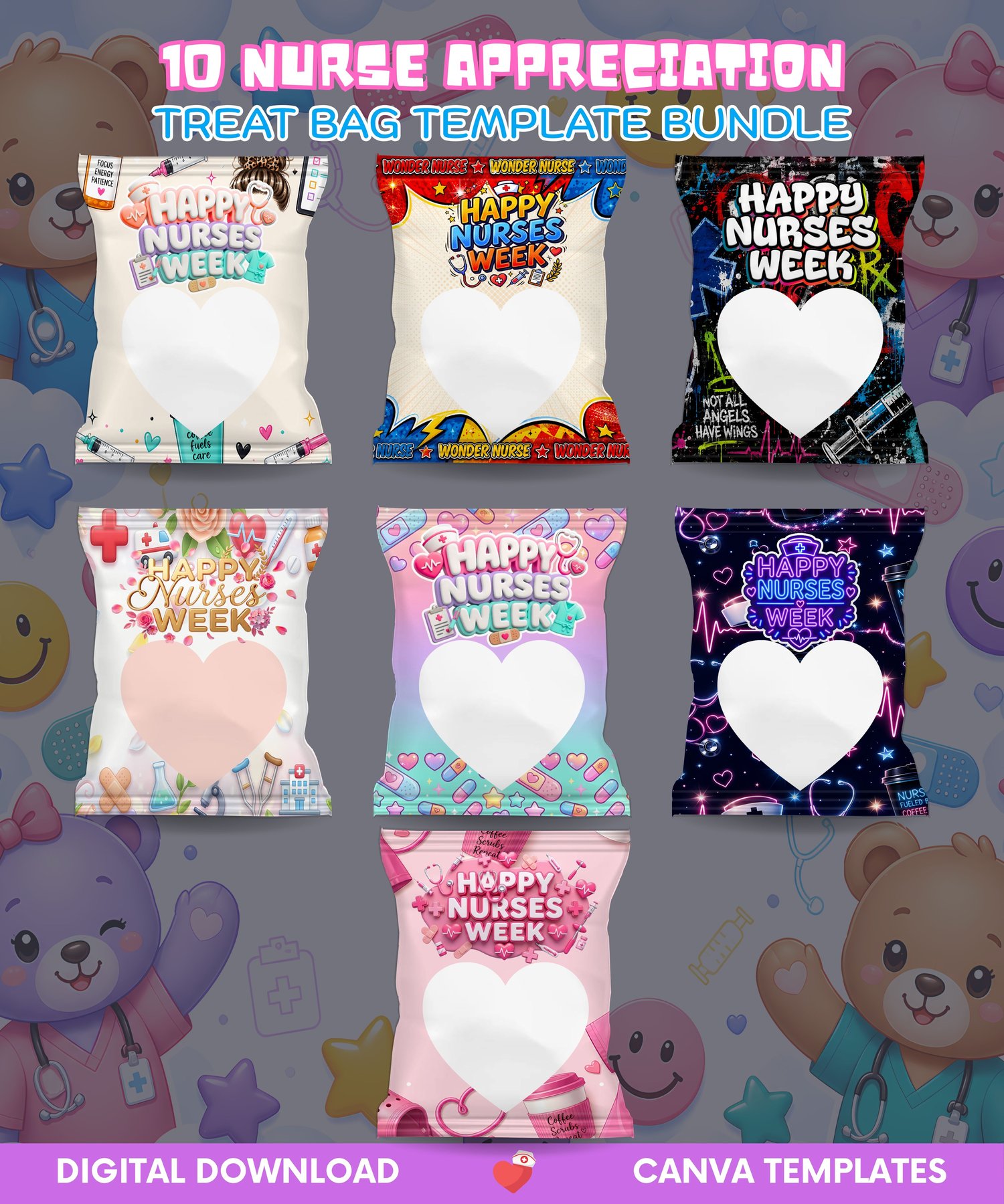 nurse appreciation, nurse week gifts, nurse treat bag, nurse gift printable, canva nurse template, printable snack bag, nurse appreciation week, nurse party favors, nursing school gifts, healthcare worker gifts, editable canva template, diy nurse gifts, a