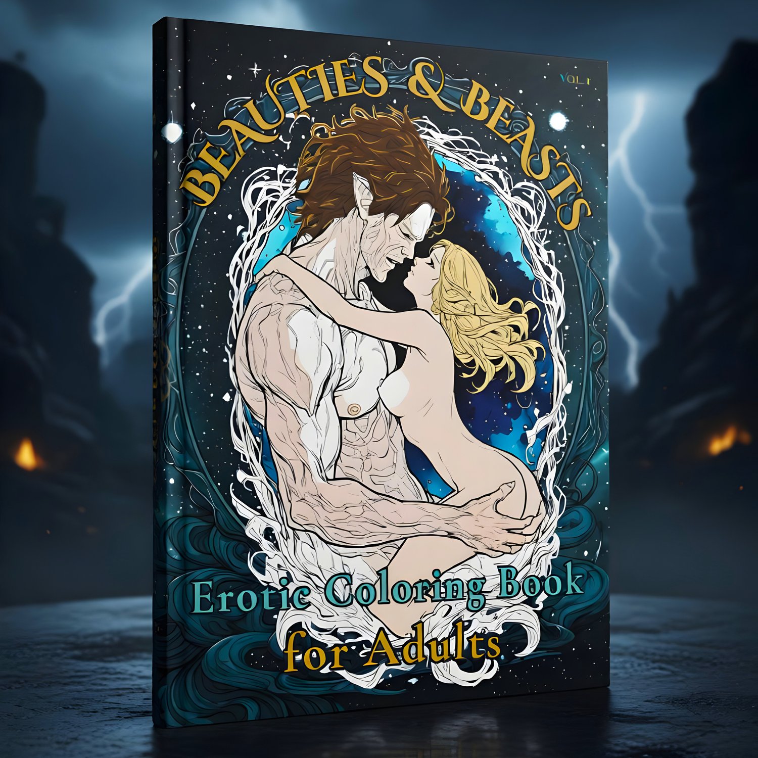 a beauty and a beast in a hugging pose over a dark blue background on a book cover, magical setting