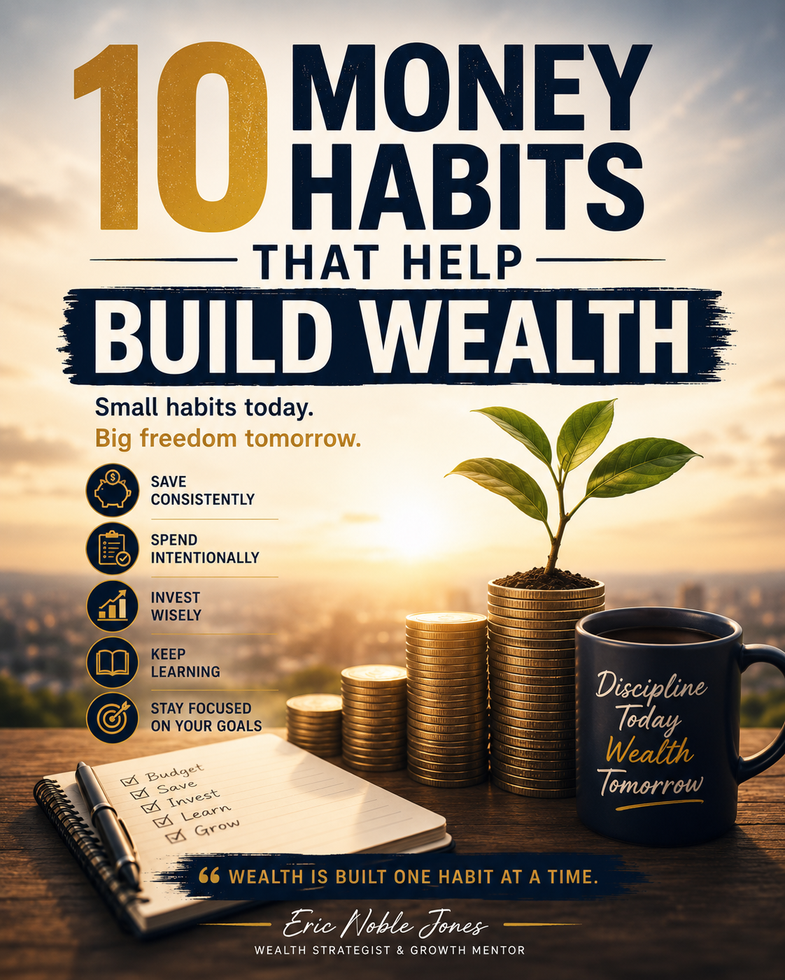 Inspirational finance cover image showing stacked coins growing beside a small plant, with budgeting notes and motivational text about money habits, wealth building, saving, investing, and long-term financial growth.