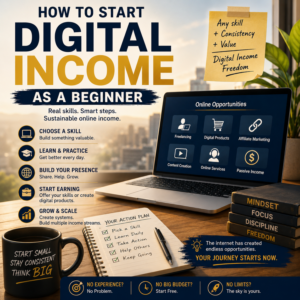 Inspirational digital income cover image showing a beginner working on a laptop with glowing financial charts, online business elements, and symbols of freelancing, content creation, and remote income growth.
