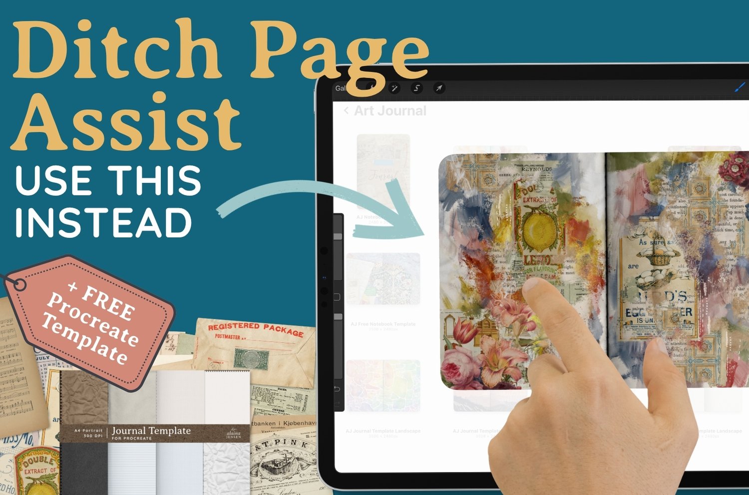 Page assist doesn't work very well for mixed media journals in Procreate. Instead, use stacks and preview mode. Free procreate journal template included