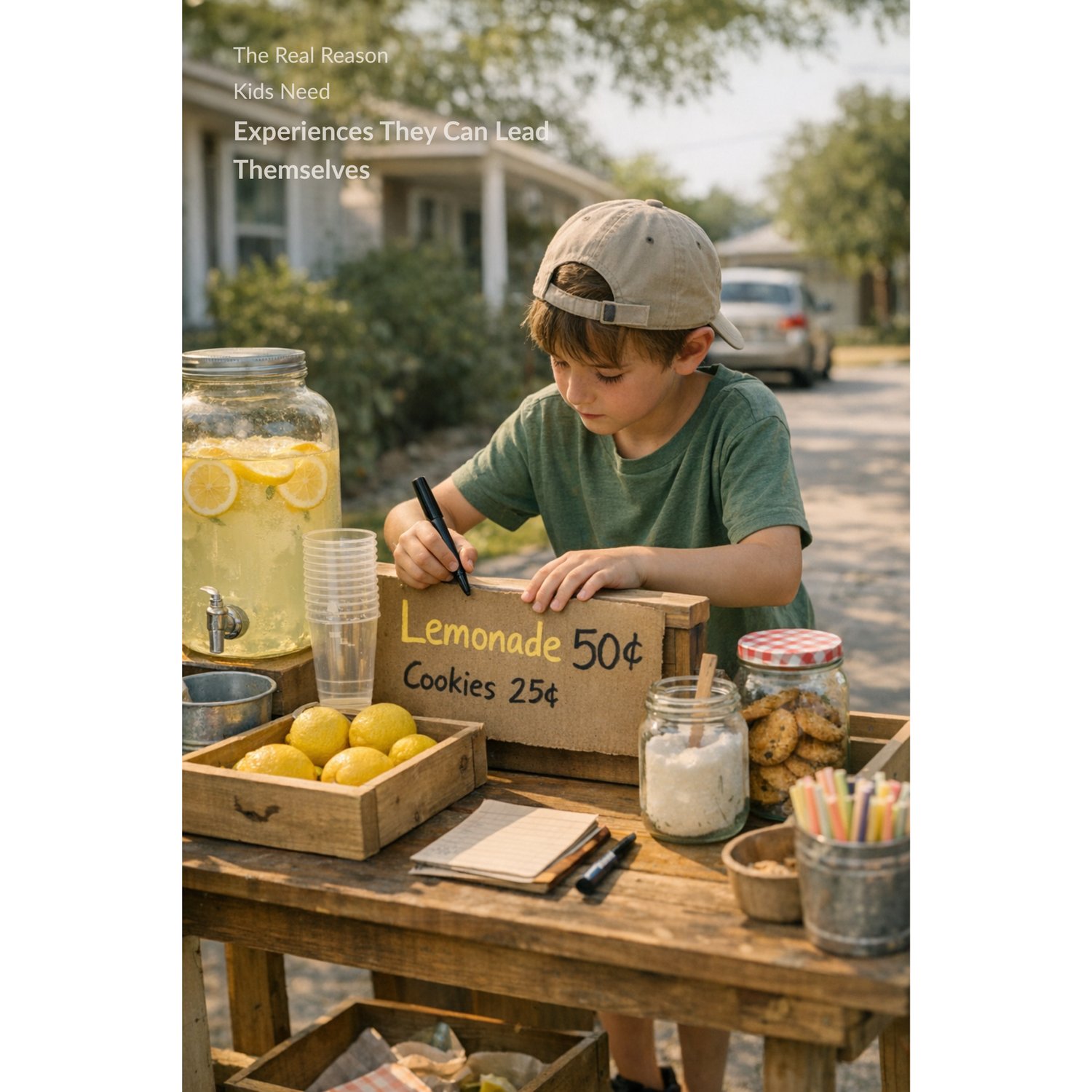 Child preparing a lemonade stand outdoors on a warm summer day, writing prices on a handmade sign while organizing lemonade, lemons, and supplies independently. The scene conveys confidence, responsibility, and a calm, kid-led real-world learning experien