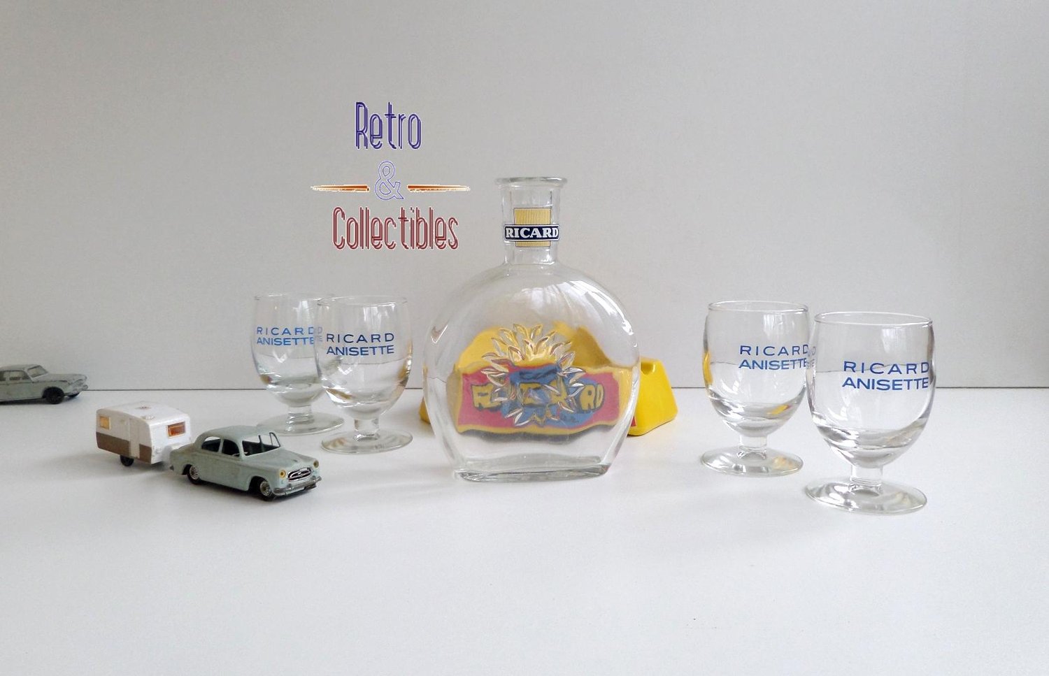 Vintage Ricard anisette stemmed glasses (sets of 4) with 1960s Ricard glass jug
