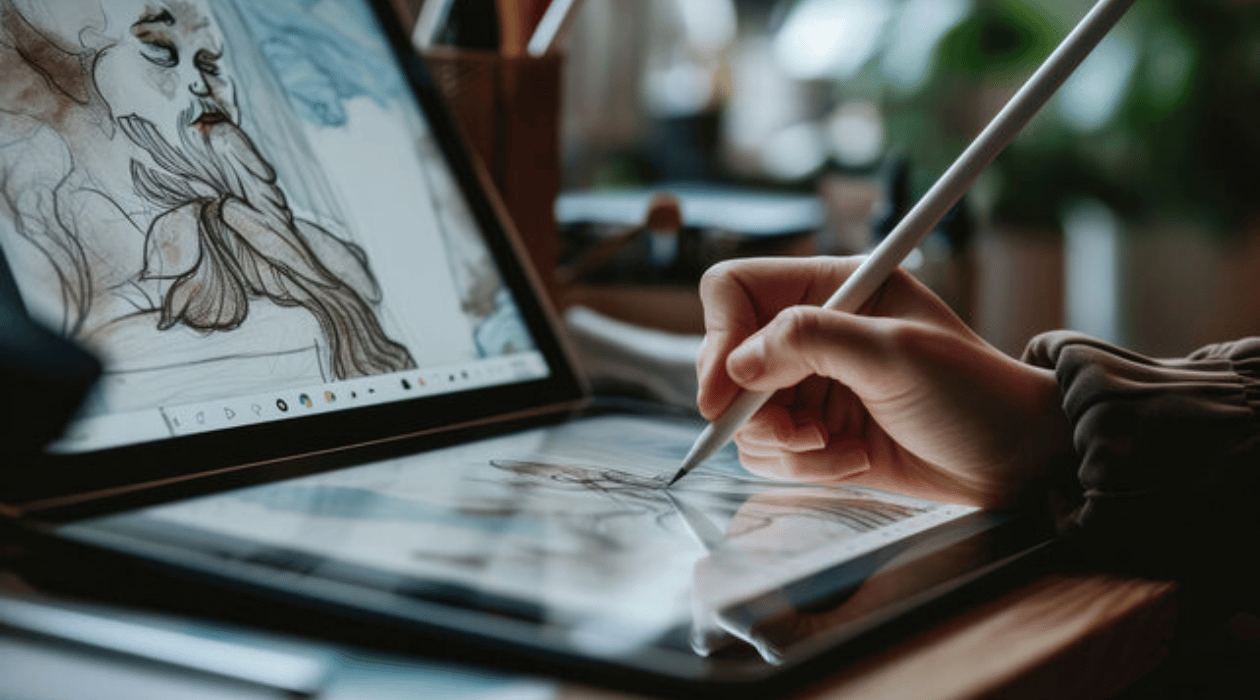 An image depicts an individual drawing on a digital sketch tablet.