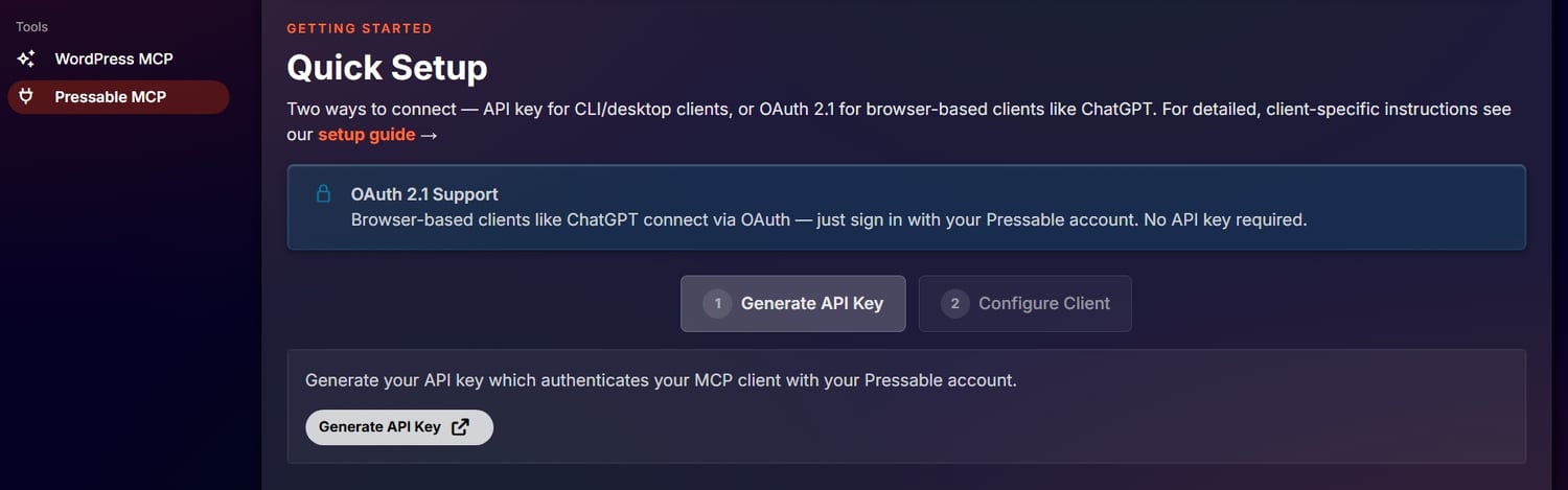 Pressable MCP API Key Generation