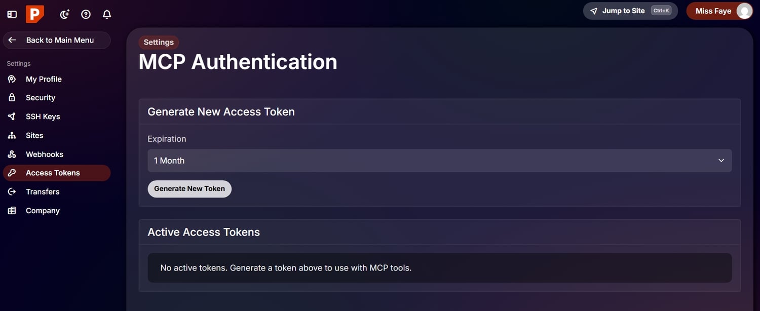 Screenshot of the Access Token page in My Pressable Dashboard