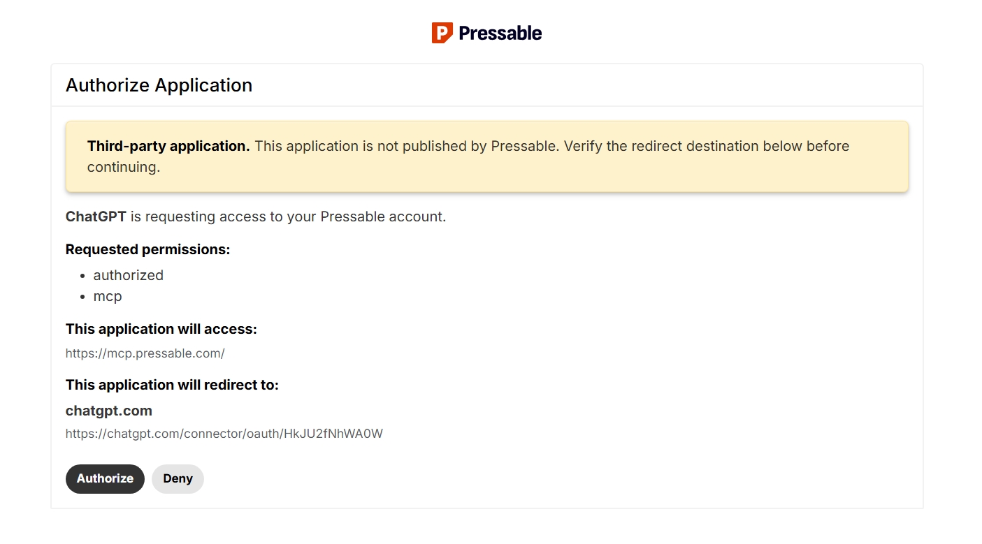 Pressable MCP App OAuth in ChatGPT