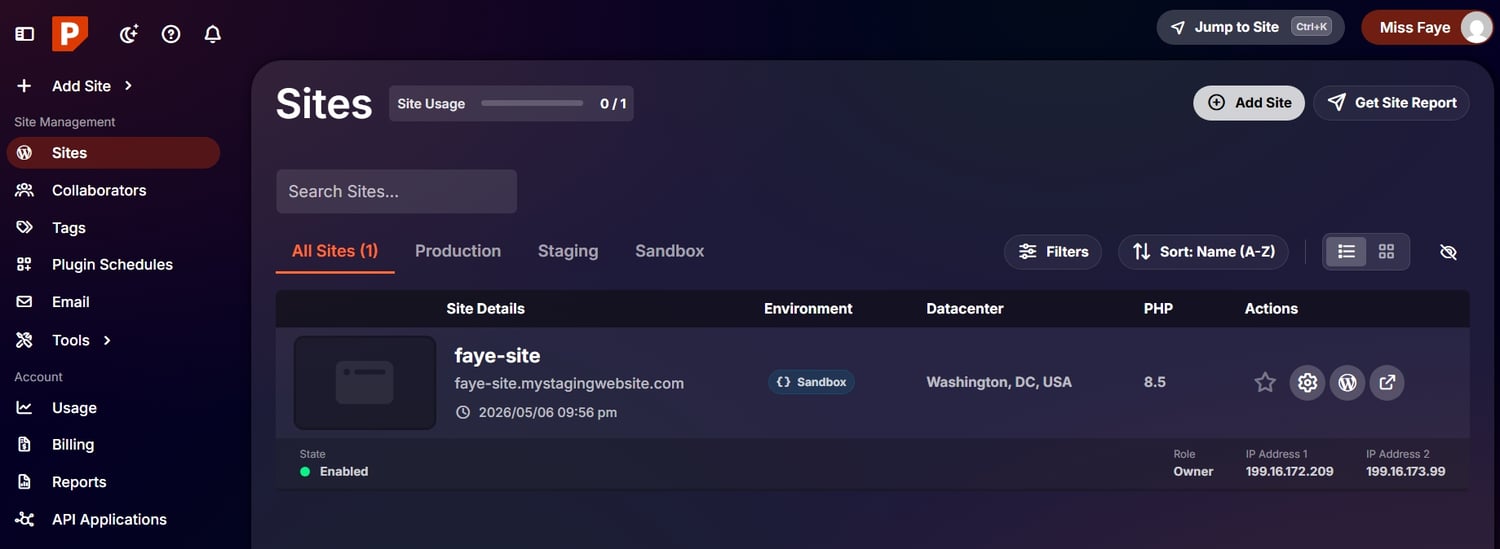 Sandbox site created in My Pressable dashboard