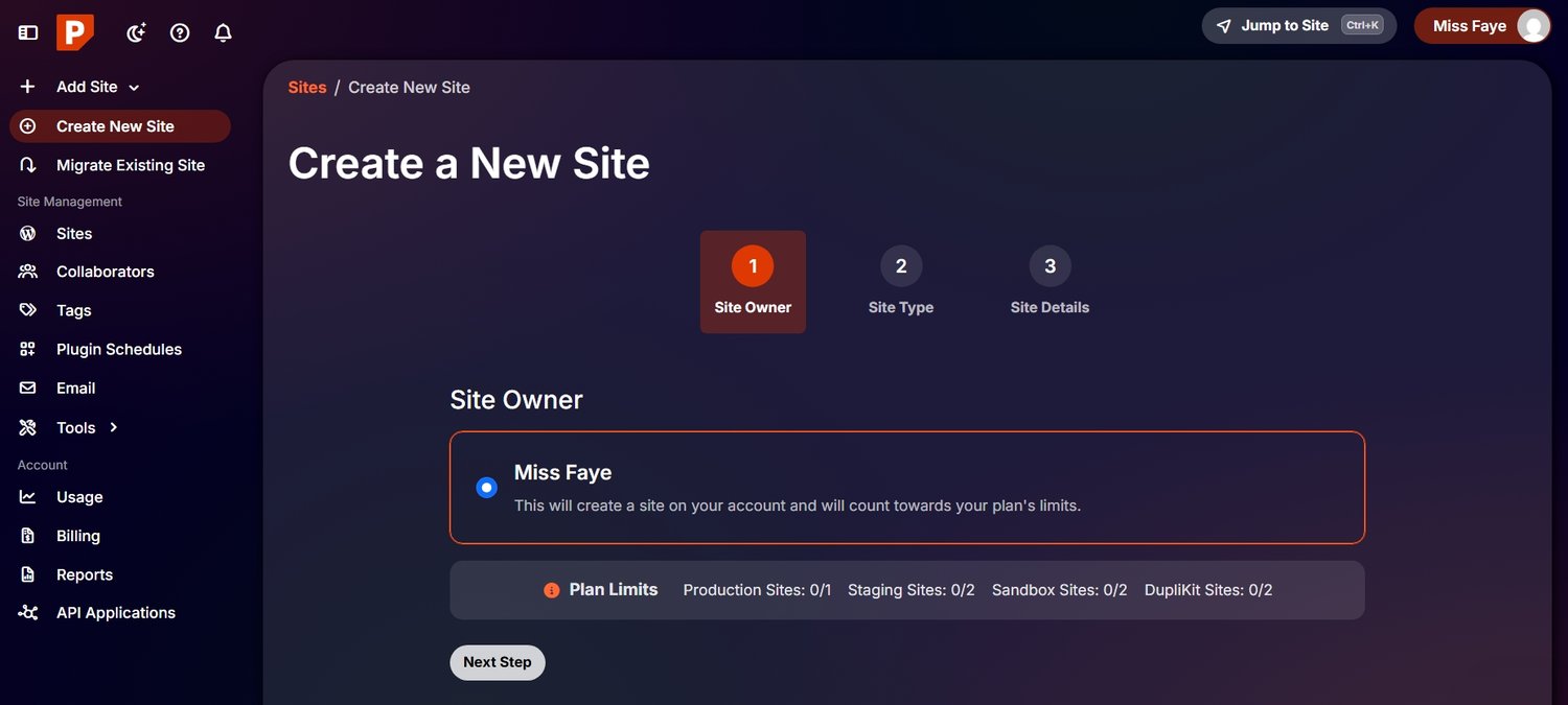 Creating a new site in My Pressable dashboard