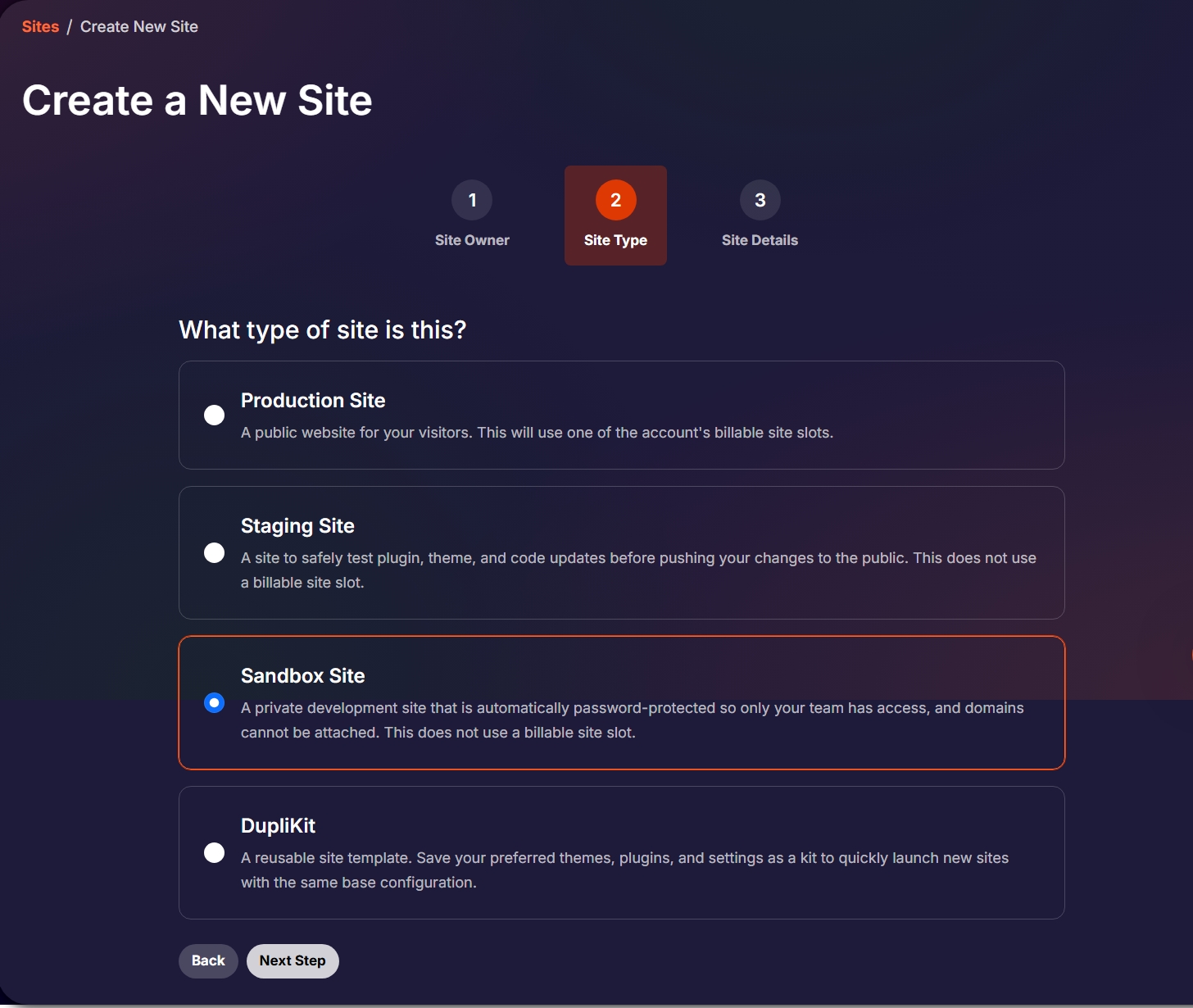 Selecting site type during site creation in My Pressable dashboard