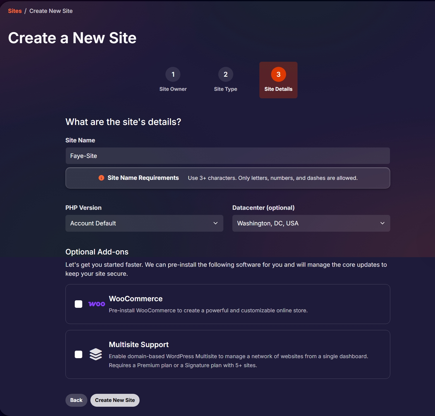 Selecting site details in new site creation for My Pressable dashboard
