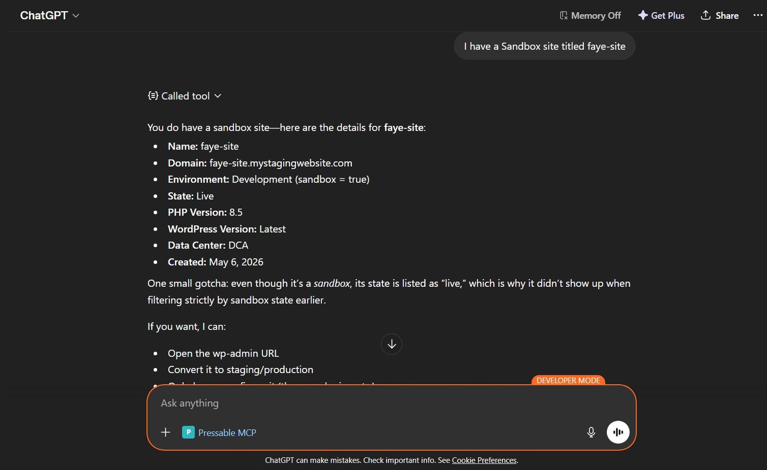Asking Pressable MCP app in ChatGPT questions about my site