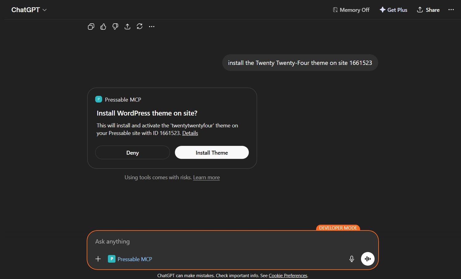 Asking ChatGPT to install a theme on my WordPress site using Pressable MCP
