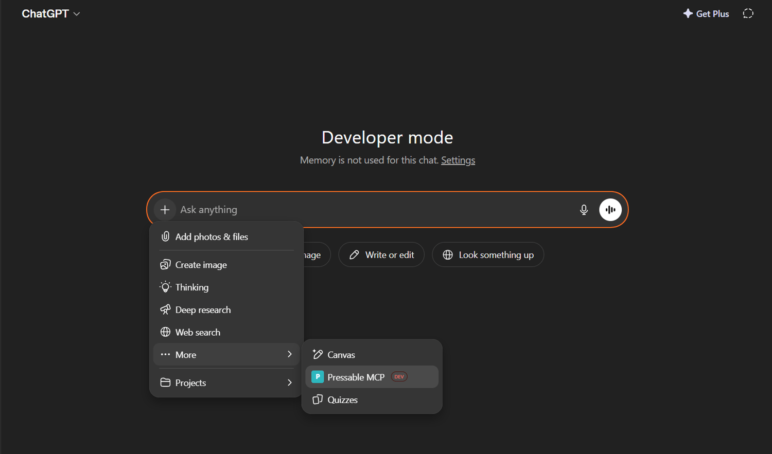Selecting Pressable MCP app in my ChatGPT chat