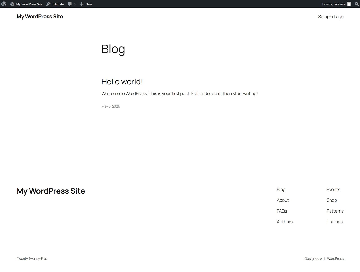 A WordPress site with no theme installed