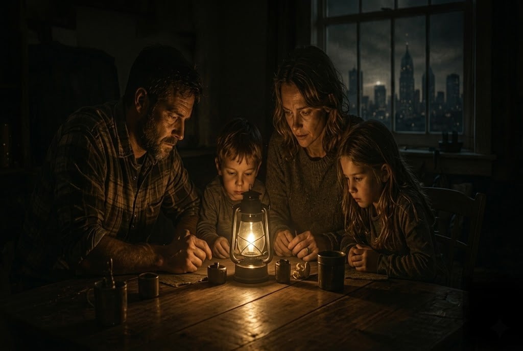 Dark, high-contrast emotional scene of a family in a survival setting, symbolizing hardship, protection, and unity in difficult conditions with a strong dramatic and atmospheric mood during the blackout.