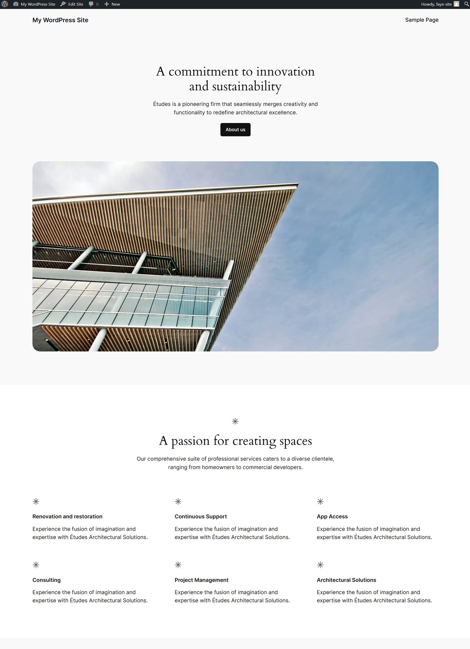 My wordpress site after theme is installed