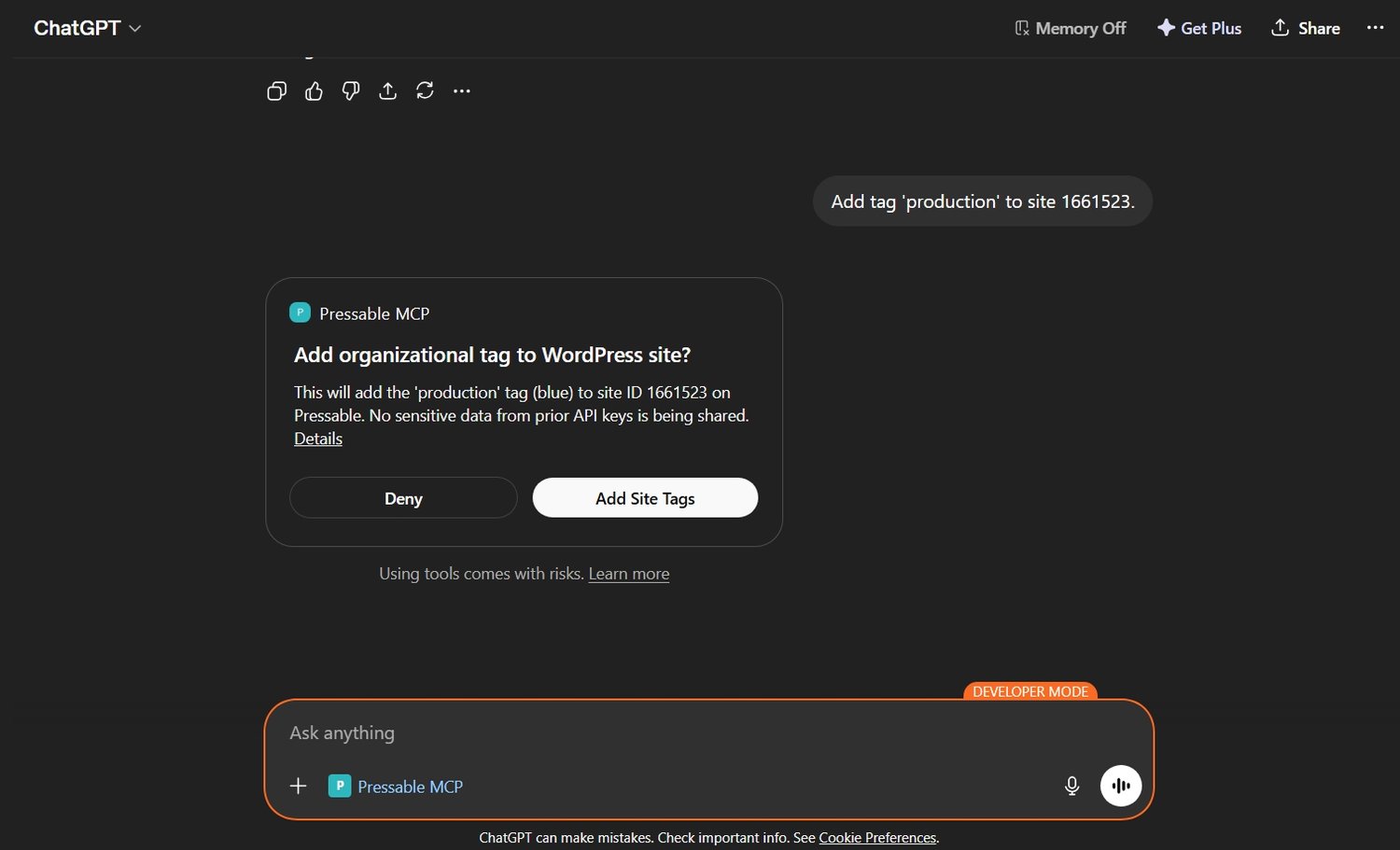 Prompting ChatGPT to add tag to my WordPress site through Pressable MCP