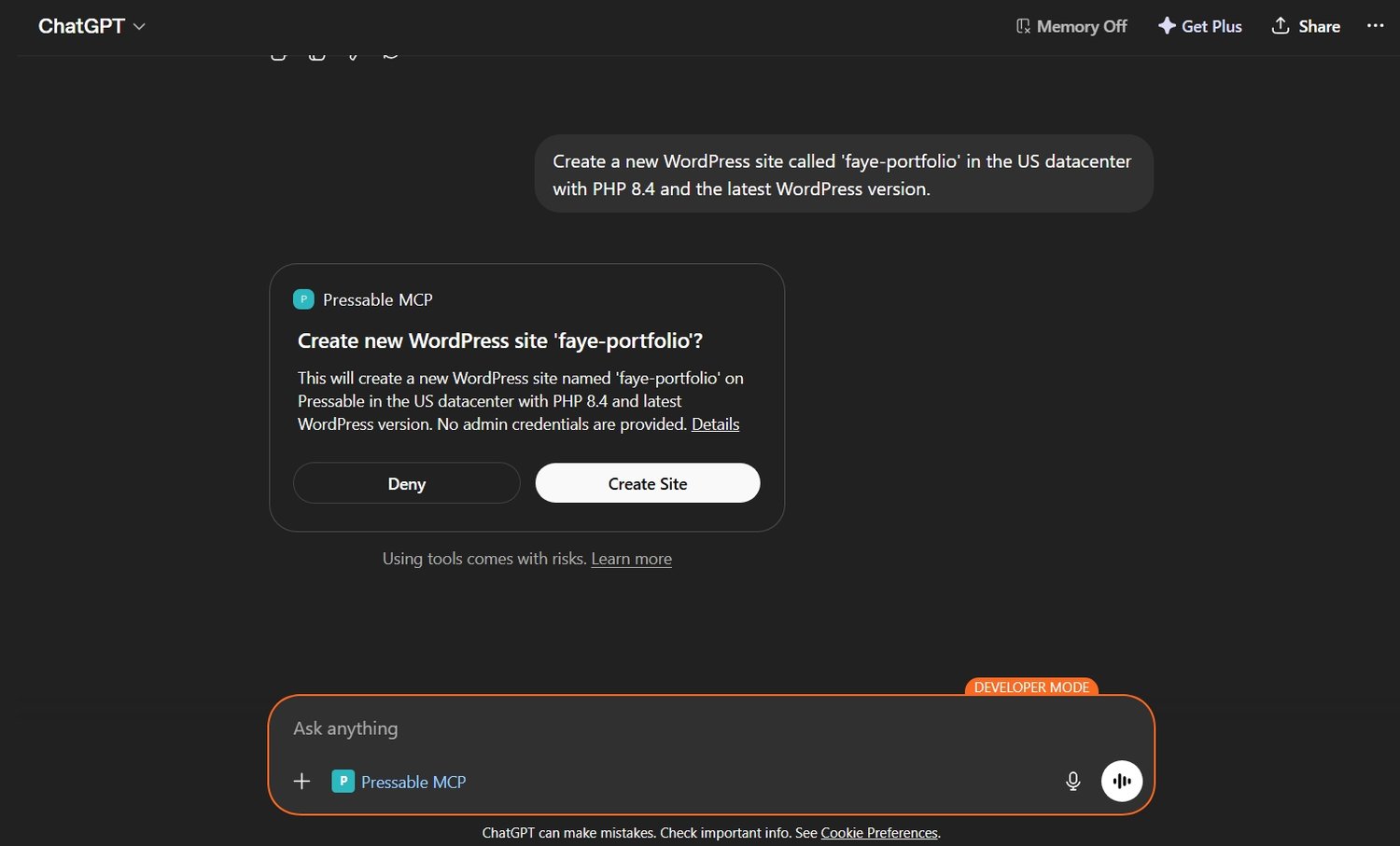 Prompting ChatGPT to create a new site for me through Pressable MCP