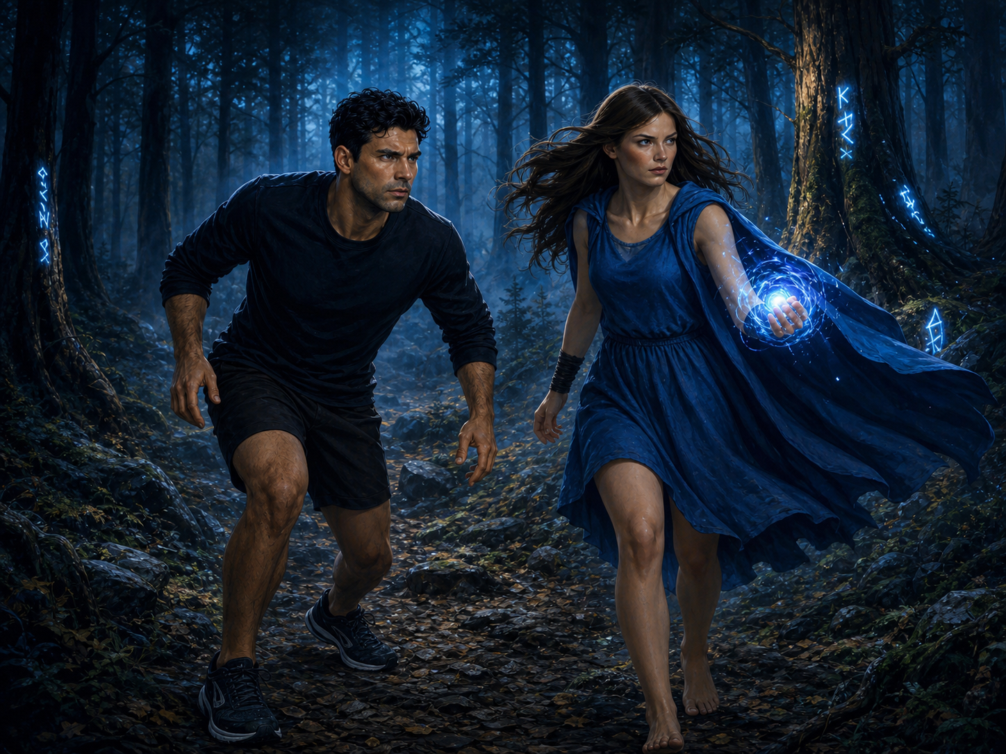 A man in athletic attire runs alongside a young woman in a blue cloak who is conjuring energy