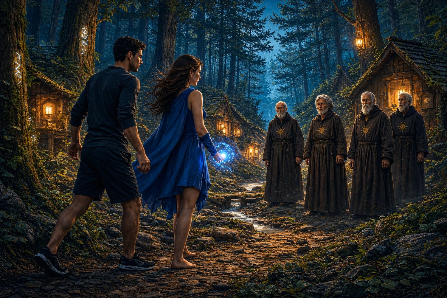 A man in athletic attire stands alongside a young woman in a blue cloak outside a forested village