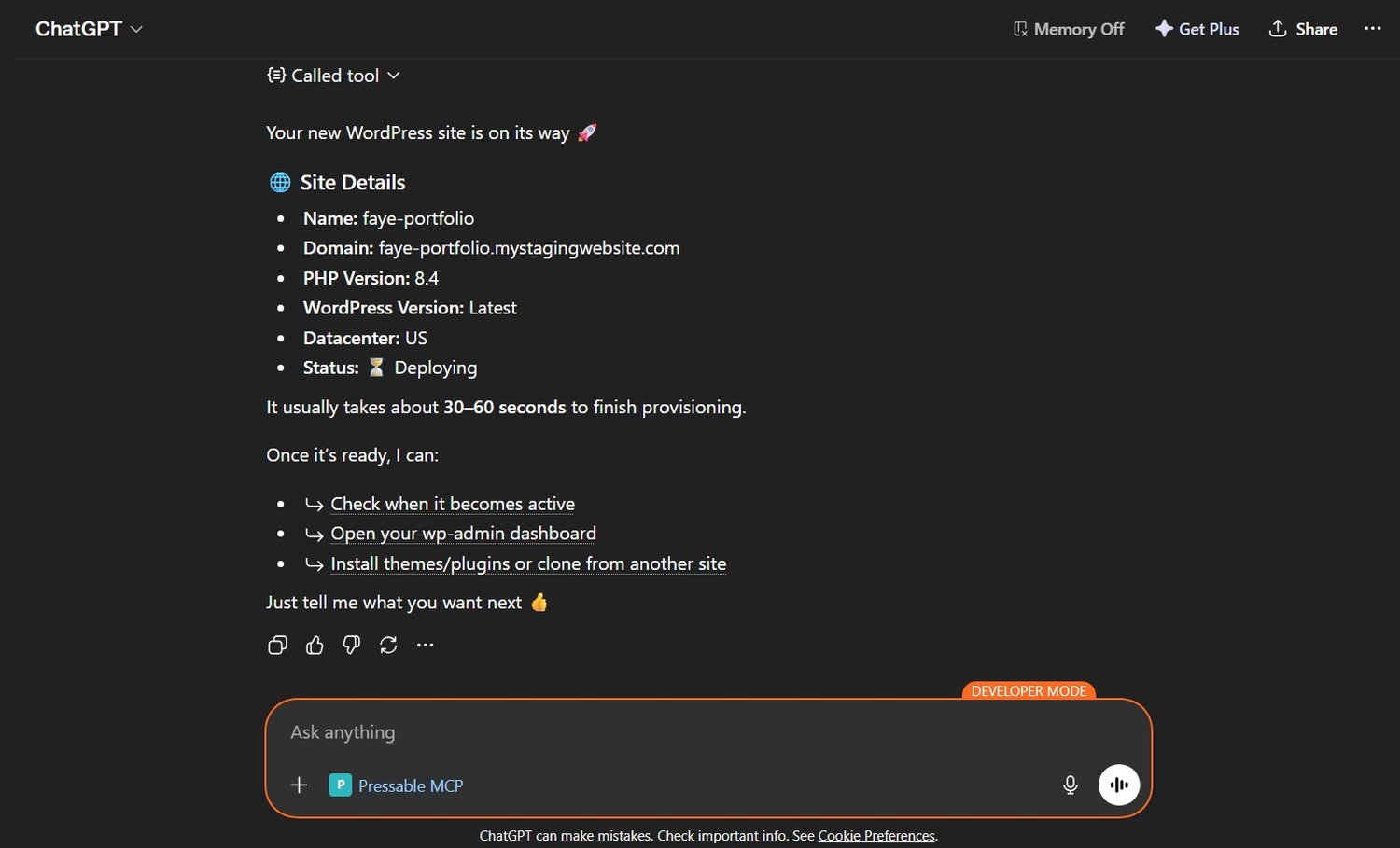 Prompting ChatGPT to create a new site for me through Pressable MCP