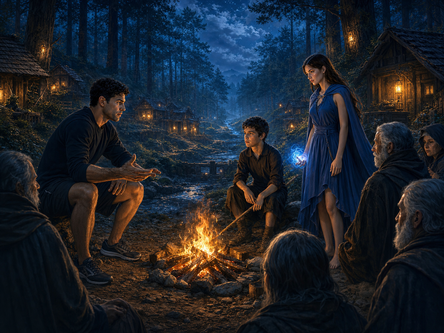 A man in athletic attire sits at a fire, telling a story to villagers. A young woman in a blue cloak is among them.