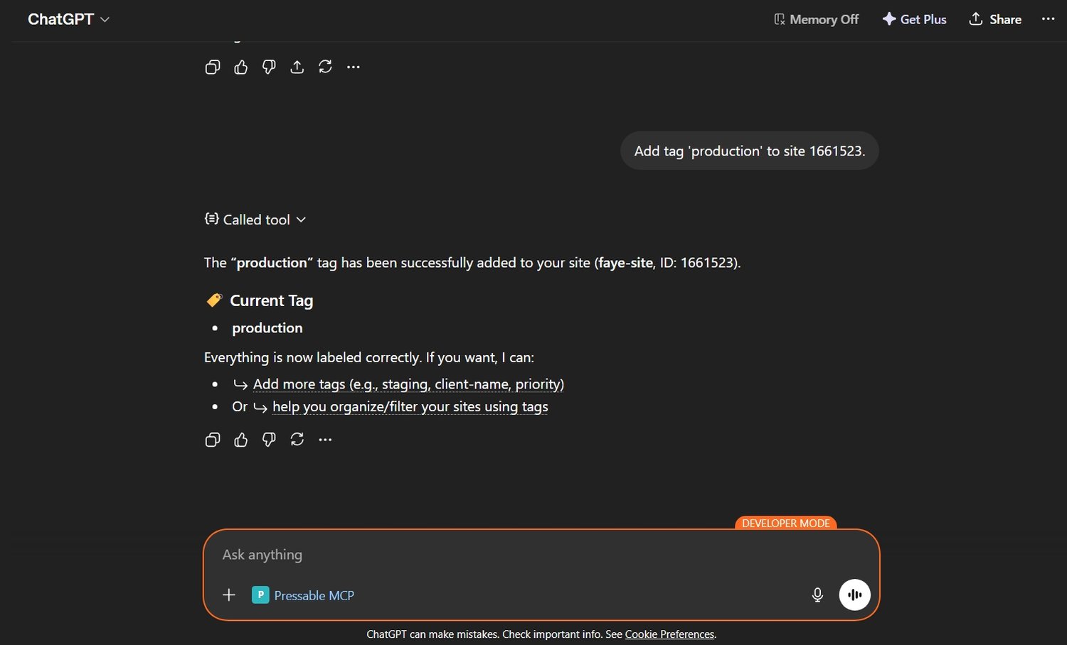 Prompting ChatGPT to add tag to my WordPress site through Pressable MCP