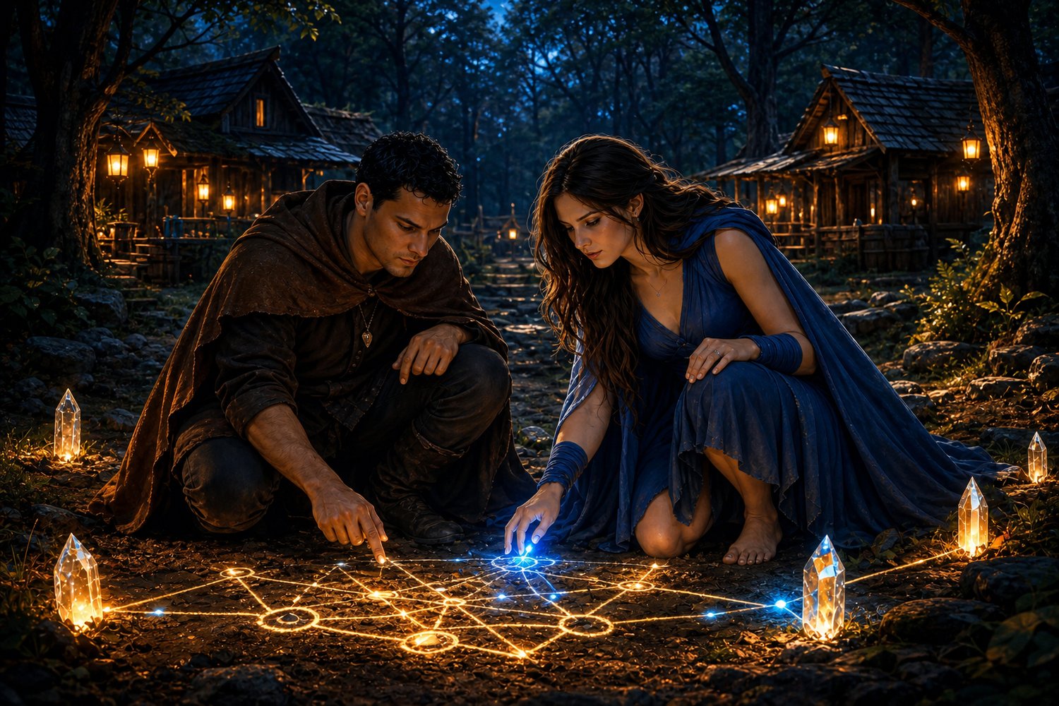 A man wearing a brown cloak and medieval attire knees alongside a woman in a blue cloak in a quartz field