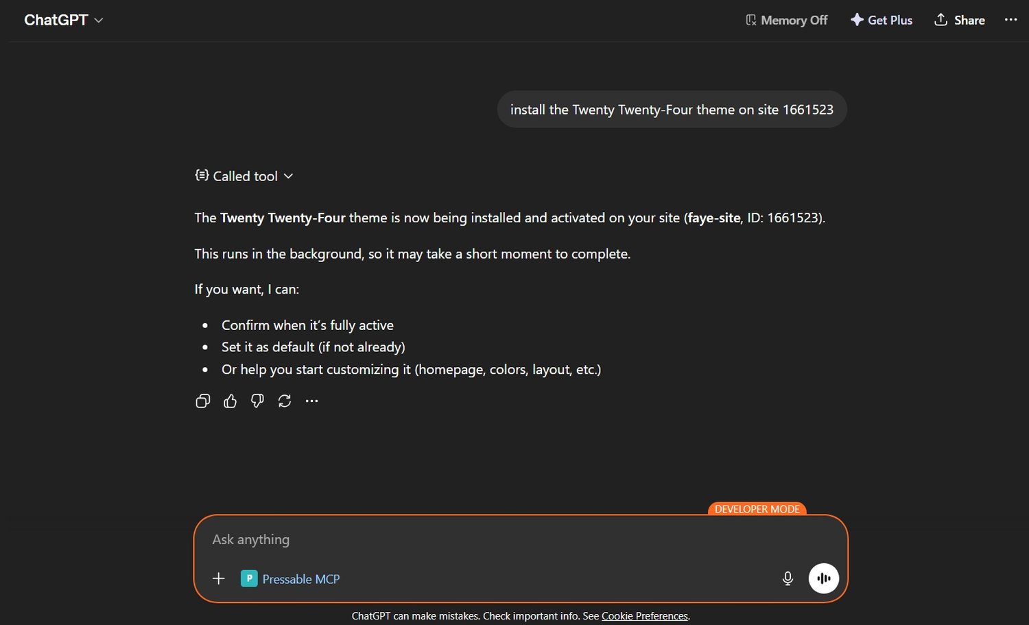Asking ChatGPT to install a theme on my WordPress site using Pressable MCP