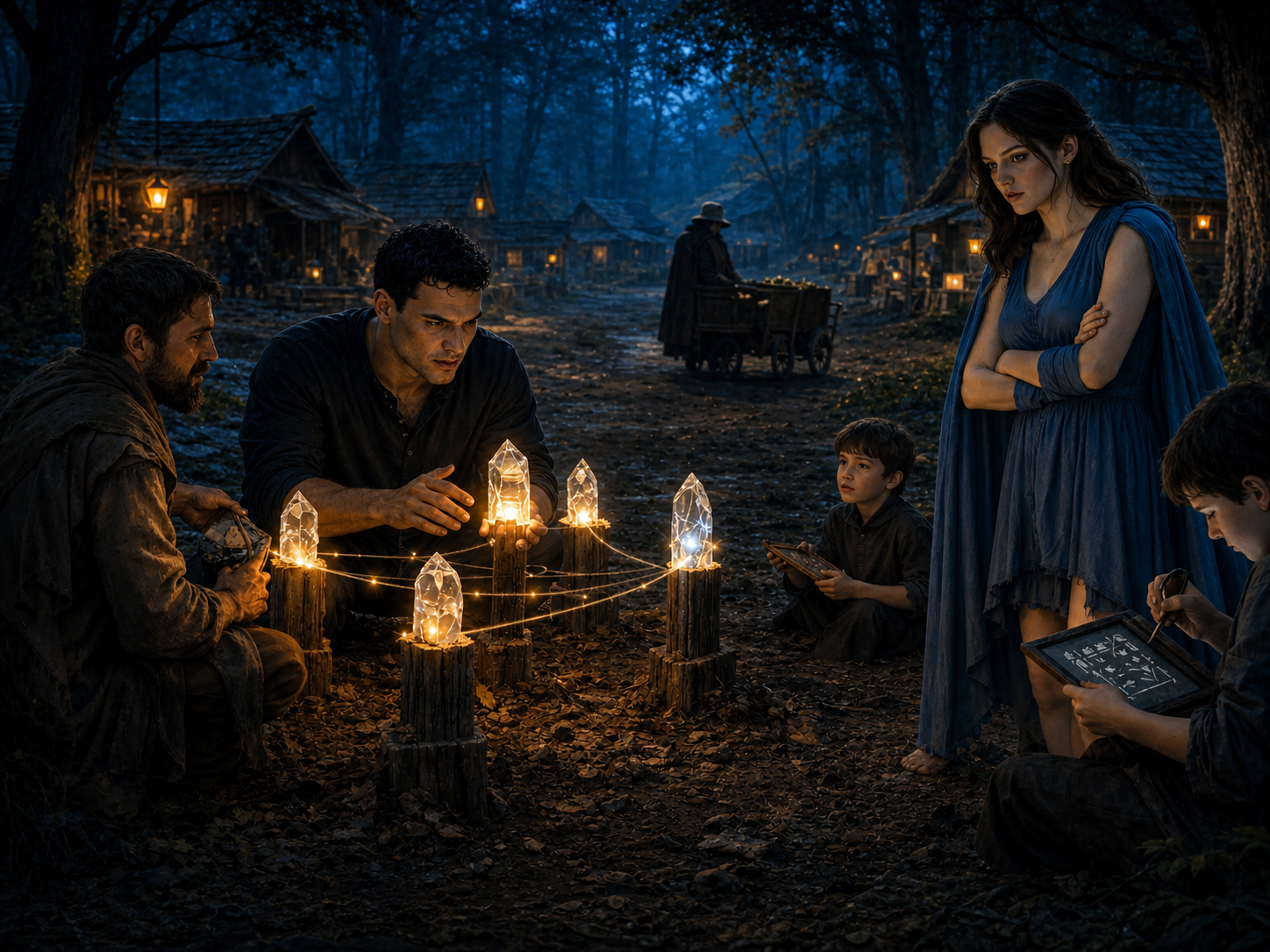 A man demonstrating how to use quartz crystals for communication while villagers and a young woman in a blue cloak watch.
