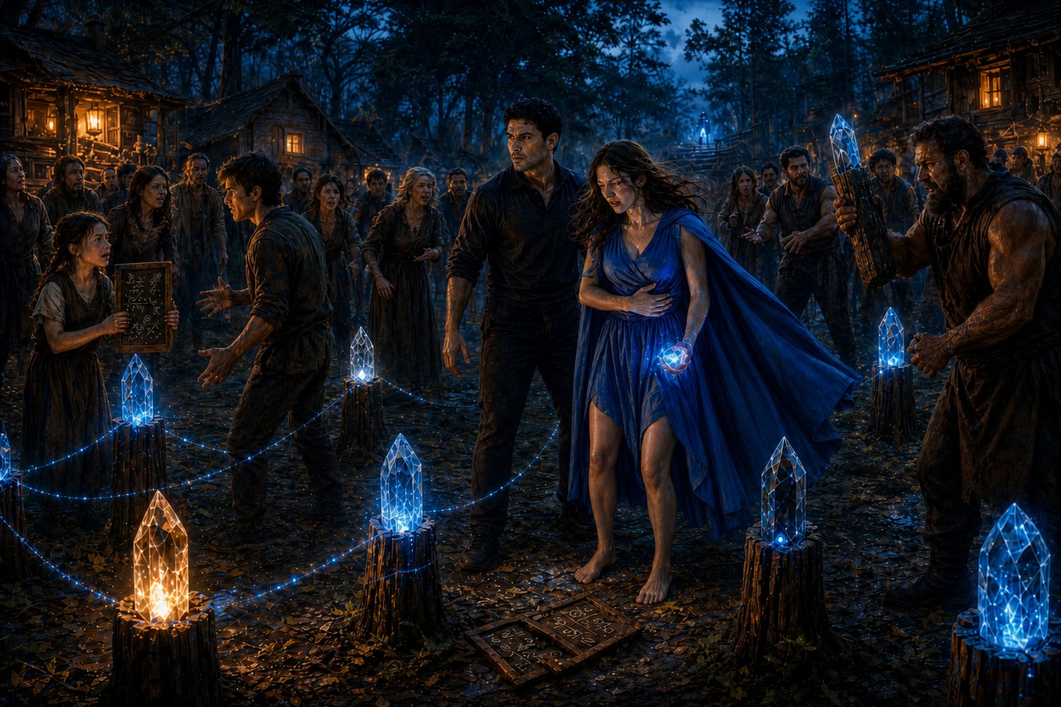 Chaos erupting in a village. A man in medieval attire stands alongside a woman in a blue cloak, who is in pain.