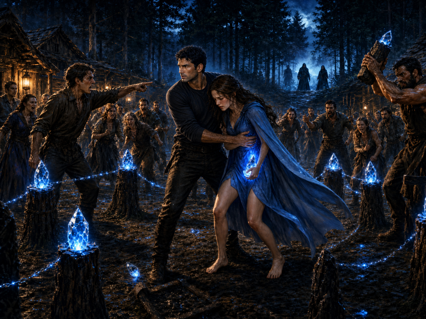 Chaos erupts in a village. A young woman in a blue cloak is collapsing while a man in medieval attire is holding her upright. Ominous silhouettes appear in the background.