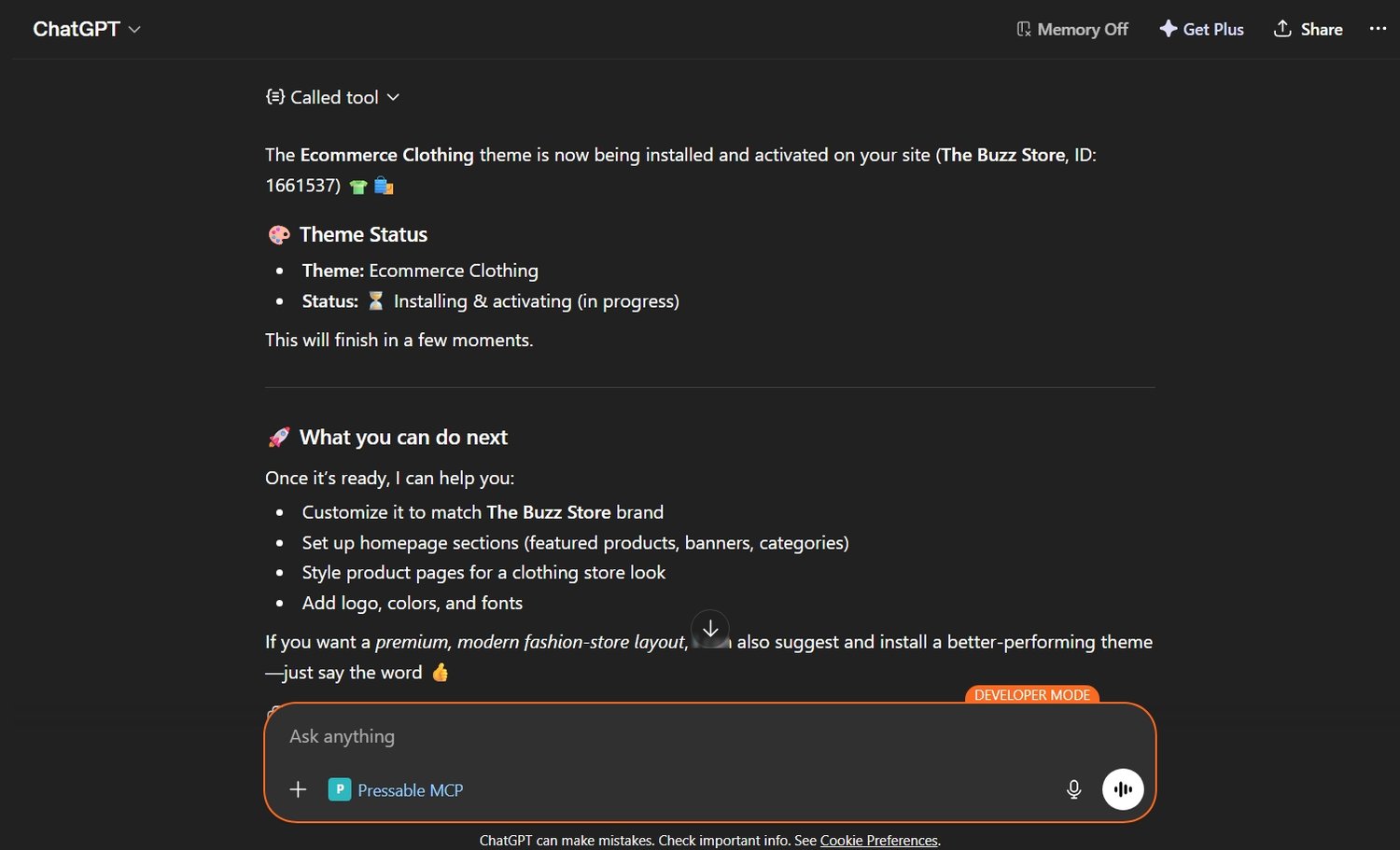 ChatGPT installing WooCommerce theme in my WordPress site through Pressable MCP