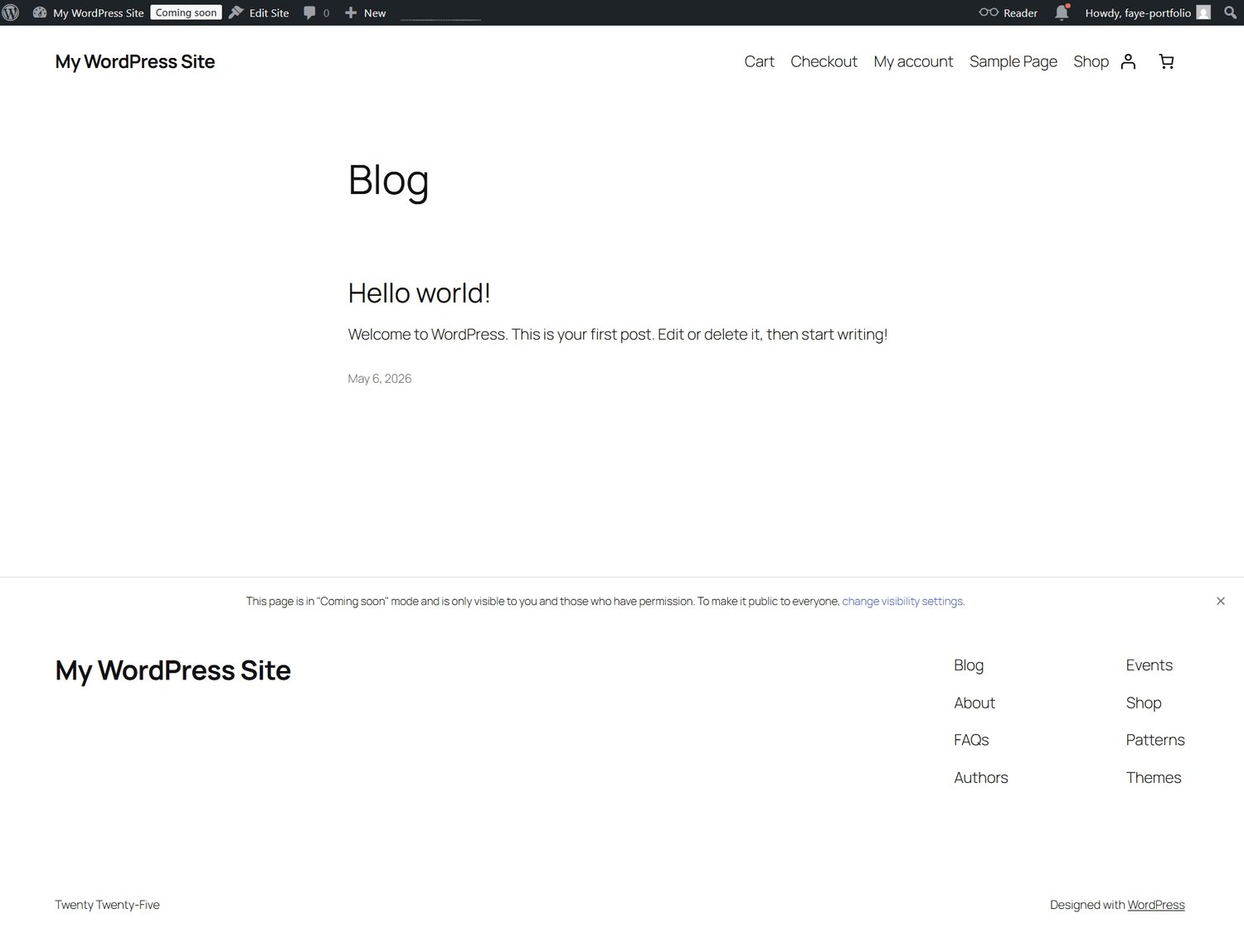 My WordPress site before a theme was installed