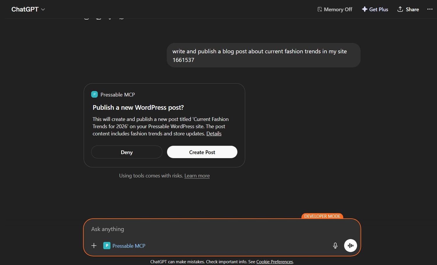 Asking ChatGPT to write a blog post in my website through Pressable MCP integration