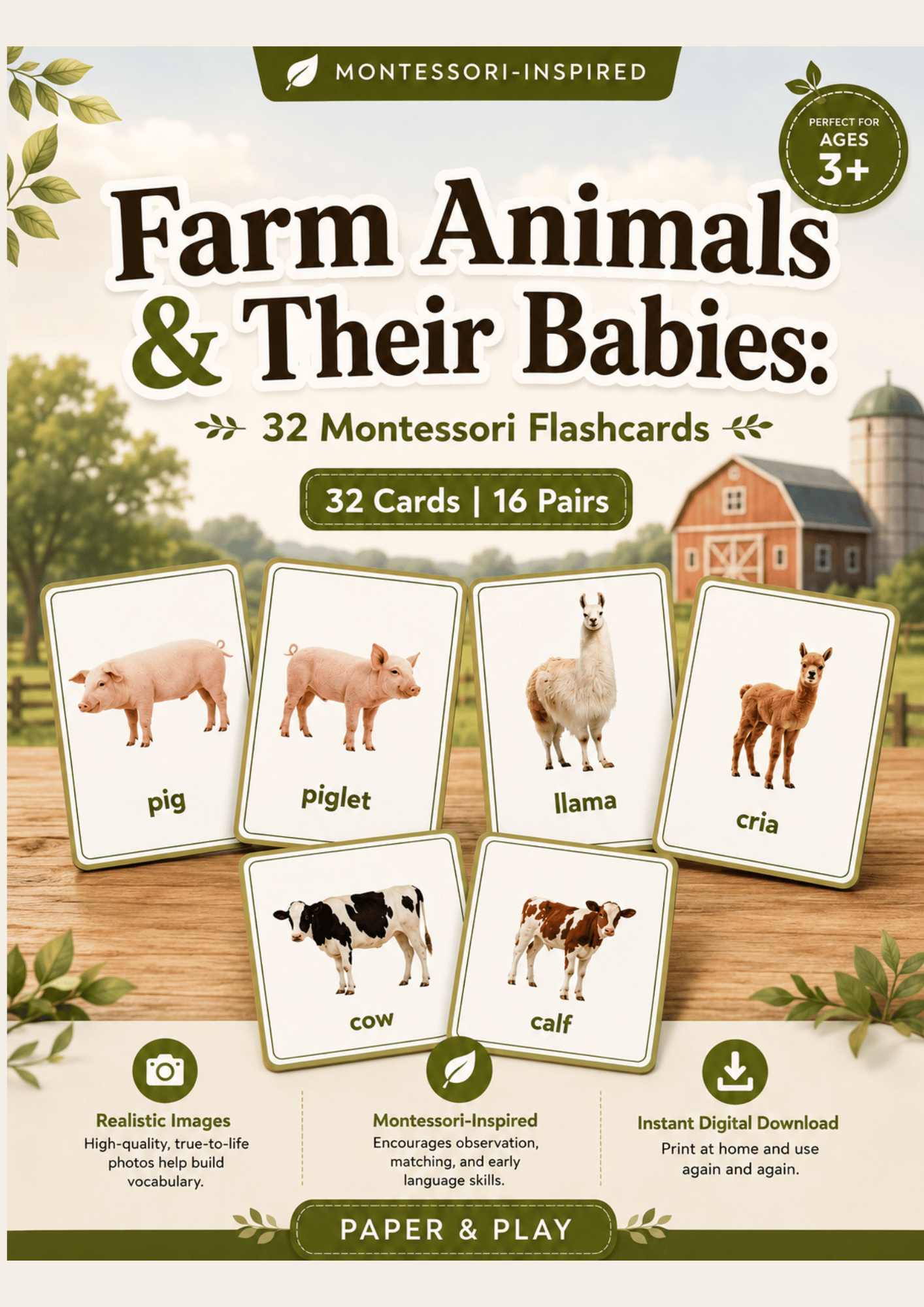 Educational printable flashcards for toddlers featuring high-quality photography of farm animals and their babies to encourage vocabulary and recognition skills.