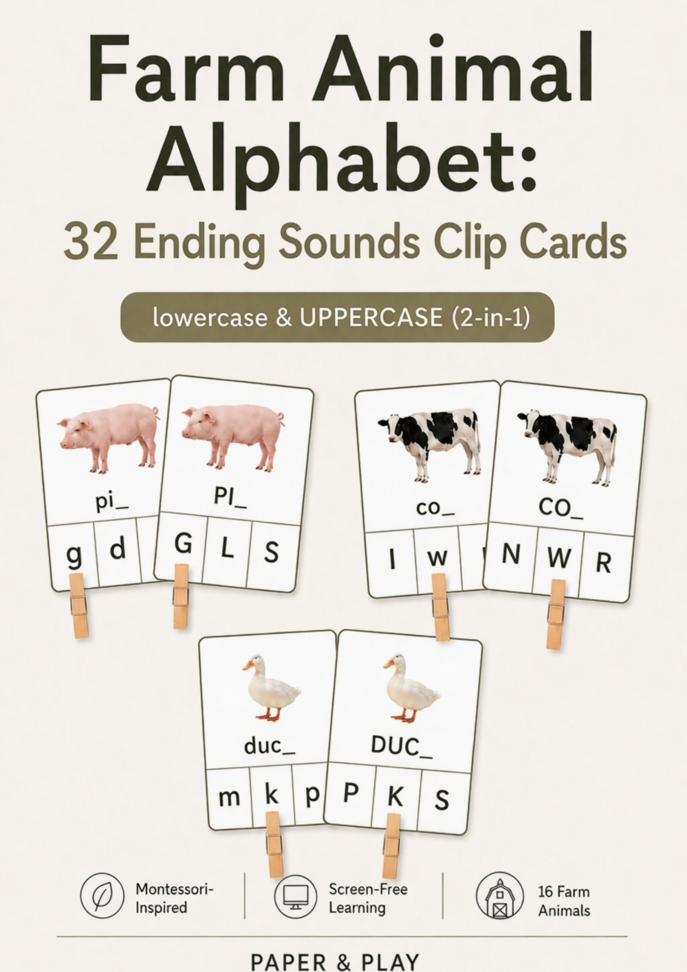 A 32-card learning bundle of farm animal alphabet clip cards focused on identifying ending sounds in both uppercase and lowercase letters.