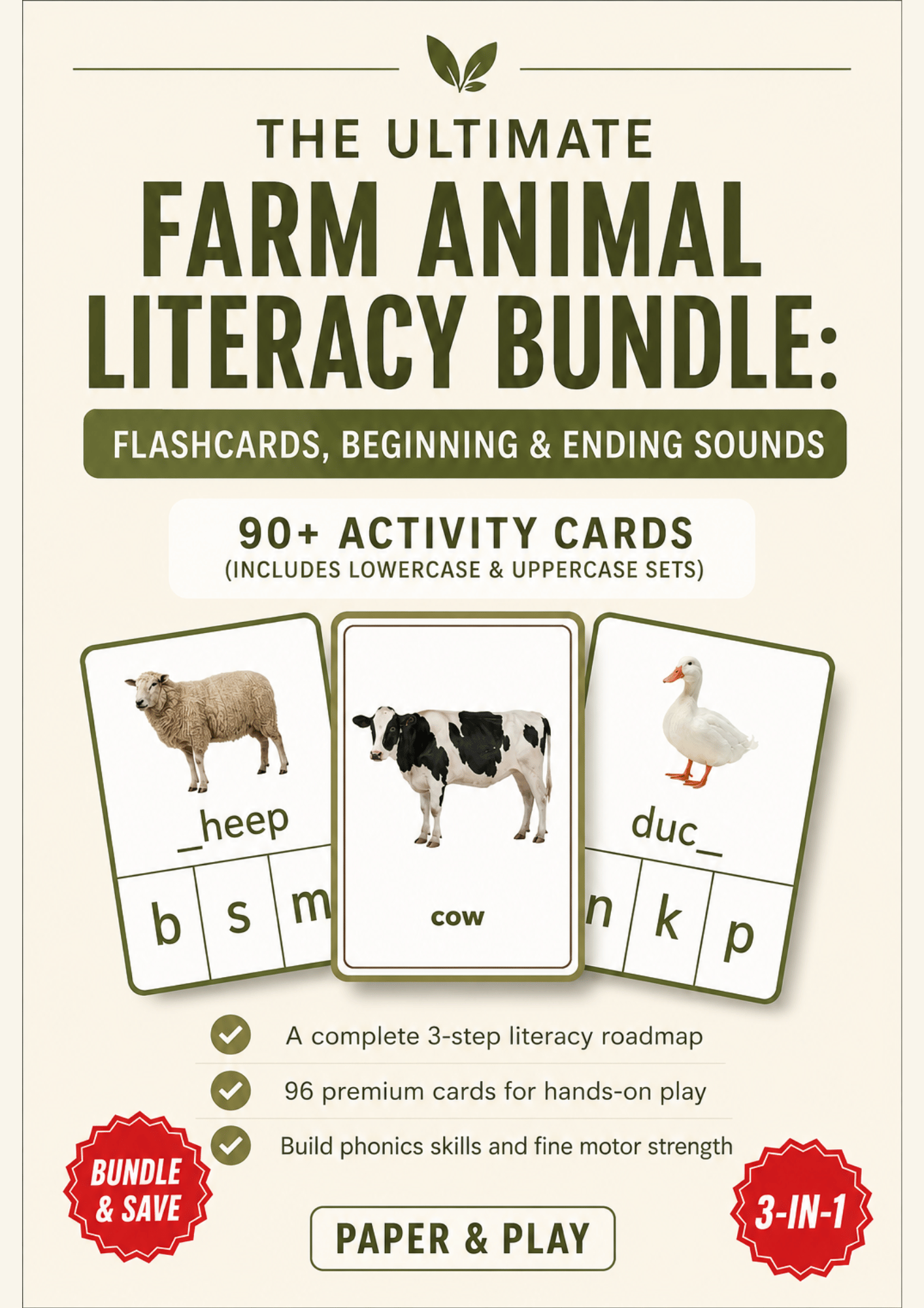 A 3-piece farm animal educational bundle for kids including 32 realistic animal matching flashcards and 64 phonics clip cards for beginning and ending sounds.