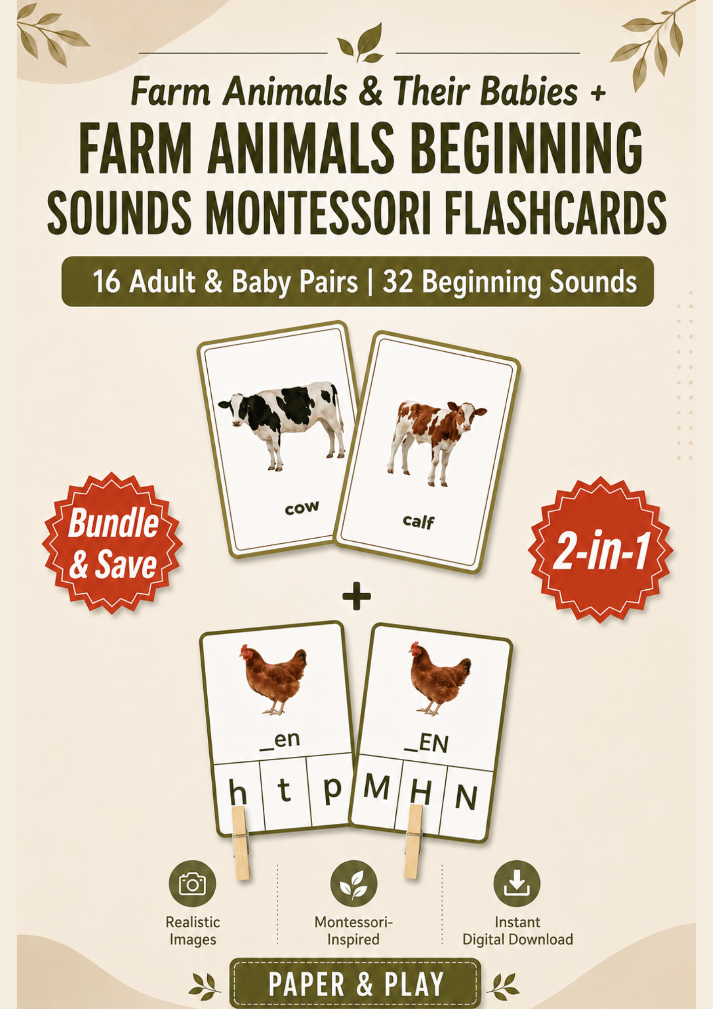 A 2-product farm animal educational bundle for kids including 32 realistic animal matching flashcards and 32 beginning sounds alphabet clip cards.