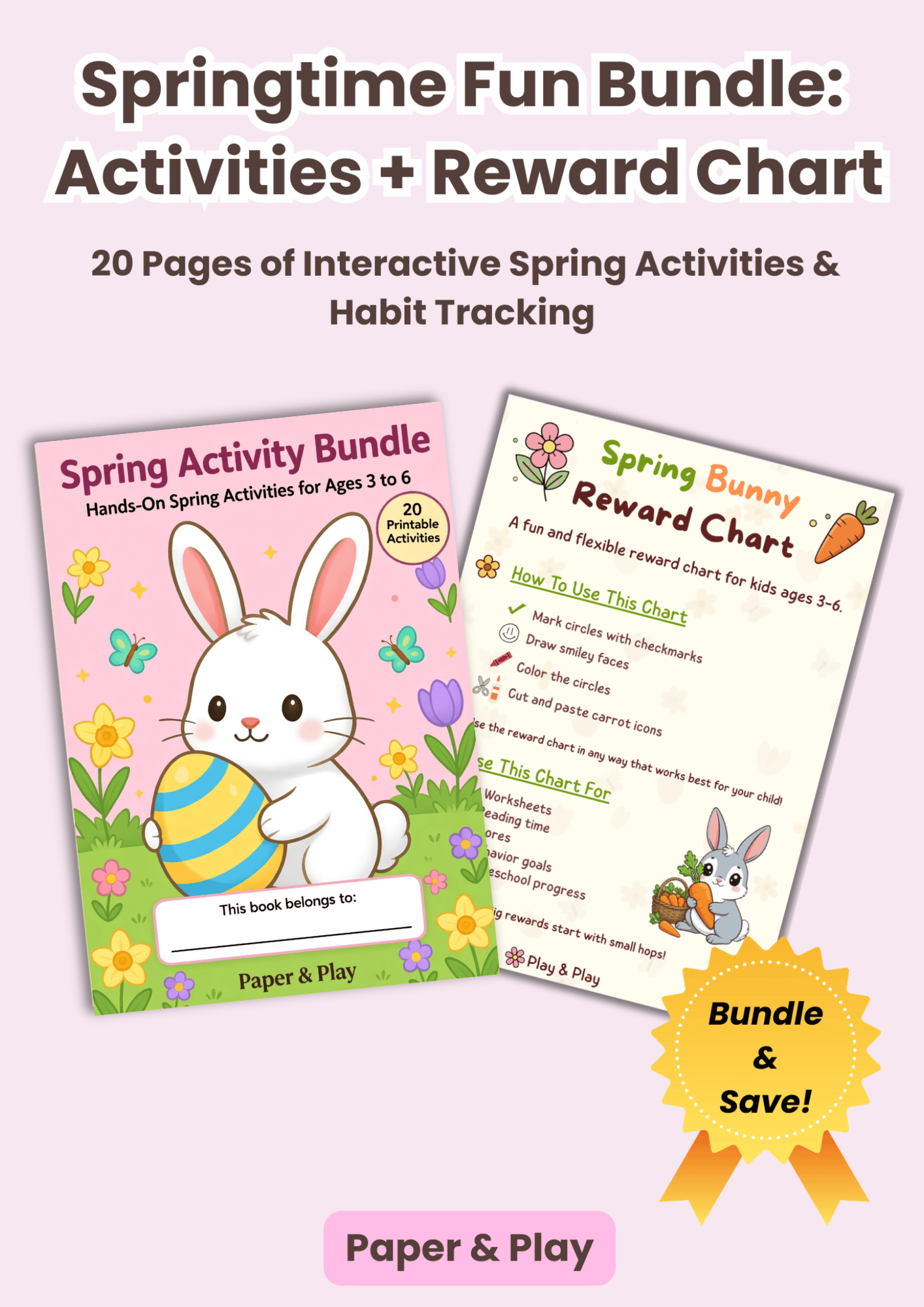 A collection of spring-themed educational printables including shadow matching, counting worksheets, and a progress tracker path with a cute bunny and carrot icons.