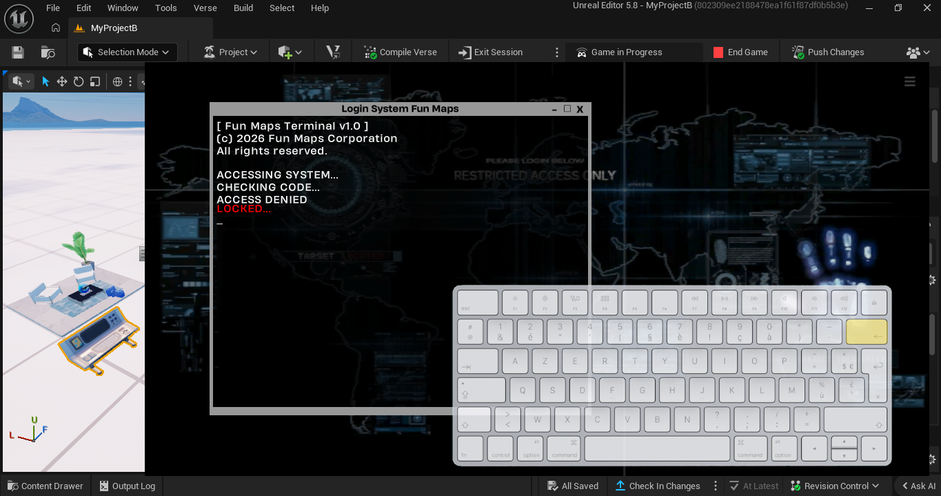 Futuristic CMD-style login interface in Fortnite UEFN with password input system