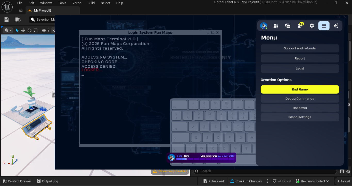 Futuristic CMD-style login interface in Fortnite UEFN with password input system
