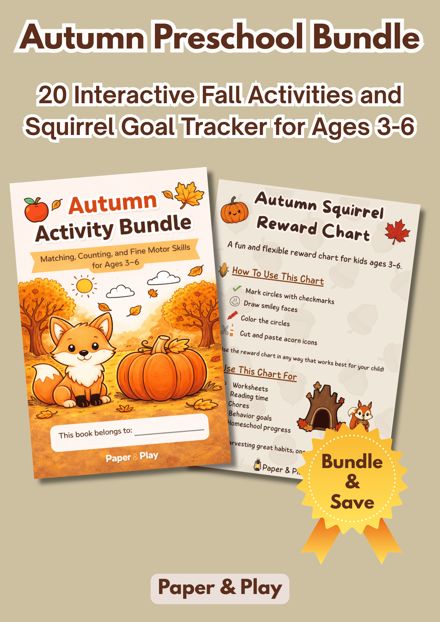 Autumn learning bundle for children aged 3-6 showing a variety of worksheets like "Autumn Shadow Matching" and "Count & Match" alongside an "Autumn Squirrel Reward Chart" for tracking chores and reading.