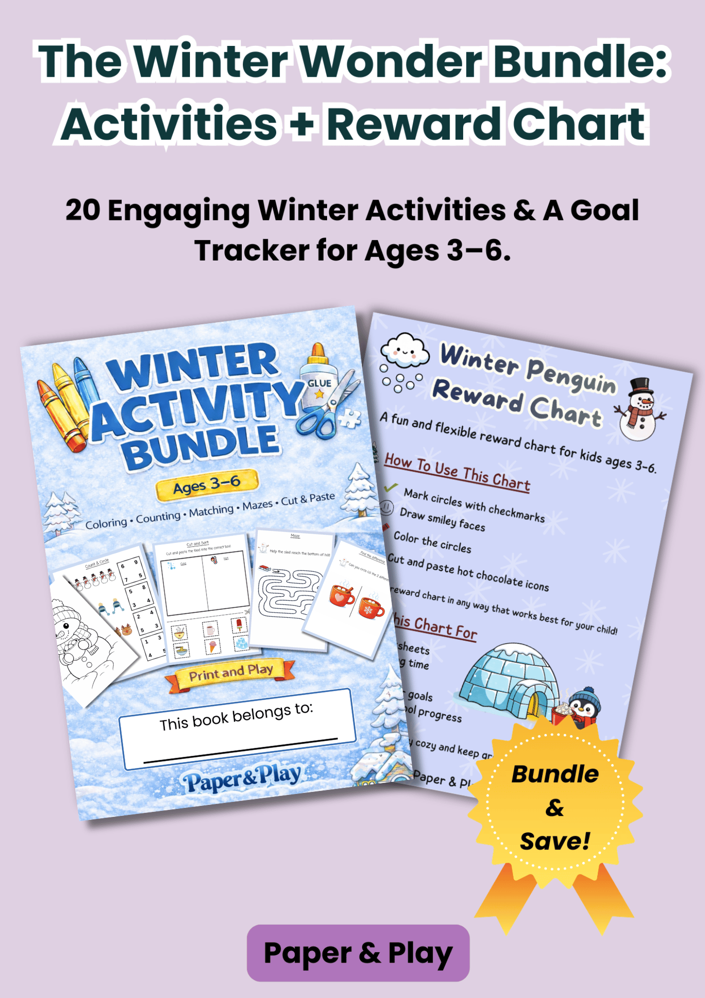 Winter learning bundle for children aged 3-6 showing a variety of worksheets like "Winter Shadow Matching" and "Cold vs. Hot" sorting alongside a "Winter Penguin Reward Chart" for tracking chores and reading.