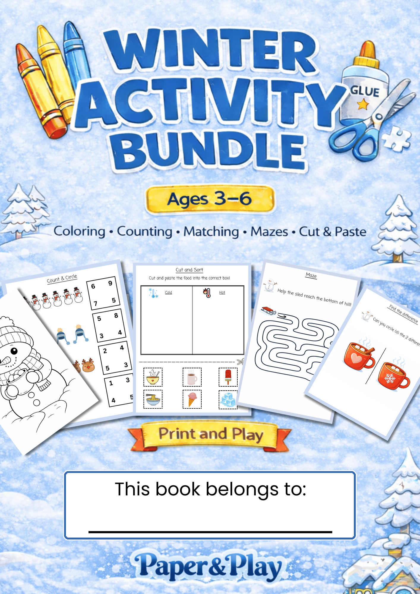 "Count and Circle" and "Count and Match" math worksheets for kids featuring winter items like hot cocoa, earmuffs, and sleds.