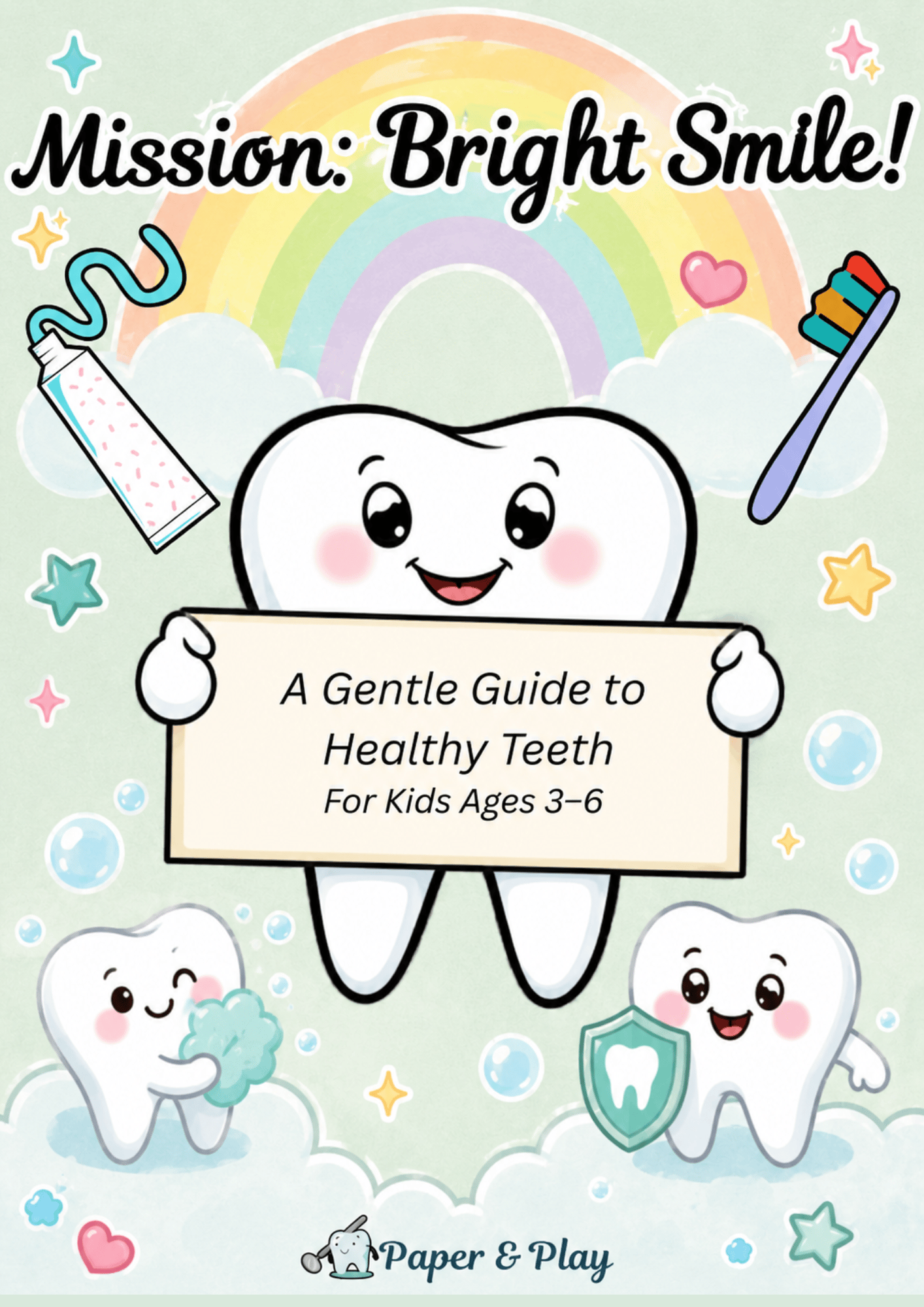 A colorful dental hygiene guide for children titled "Mission: Bright Smile!" featuring educational activities about toothbrushing, healthy foods like apples and cheese, and step-by-step instructions for kids ages 3-6.