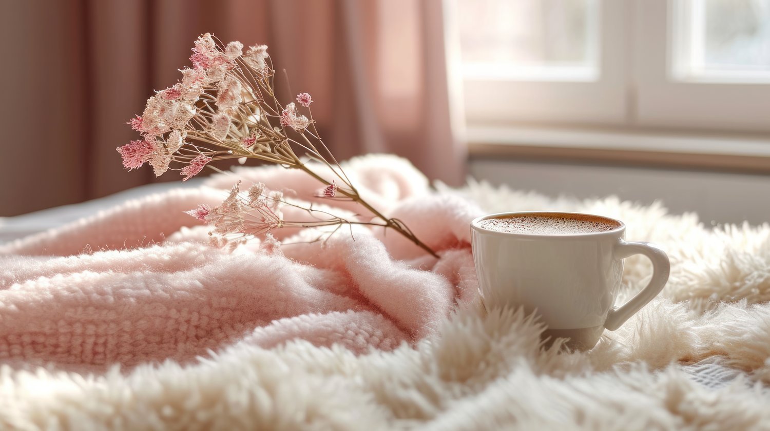 cup with blanket and flowers mockup